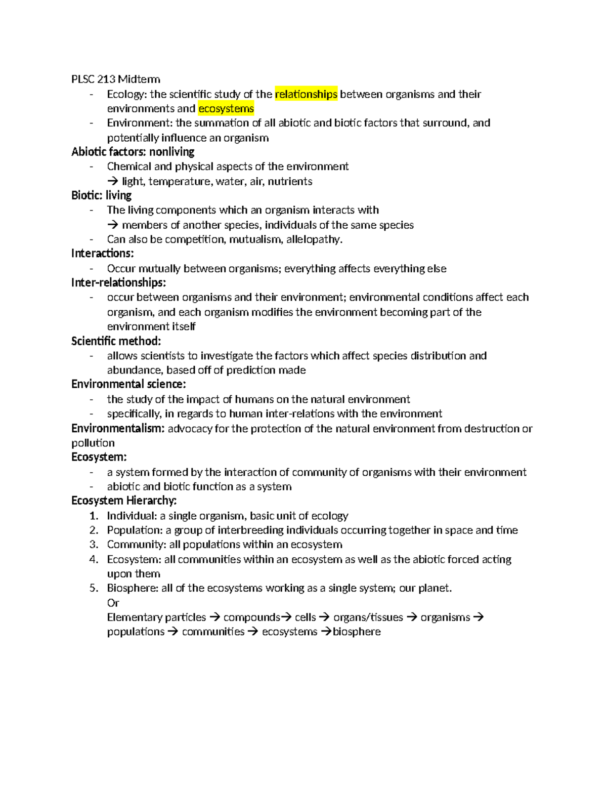 PLSC 213 Midterm Study Guide: Key Concepts in Ecology and Climate - Studocu