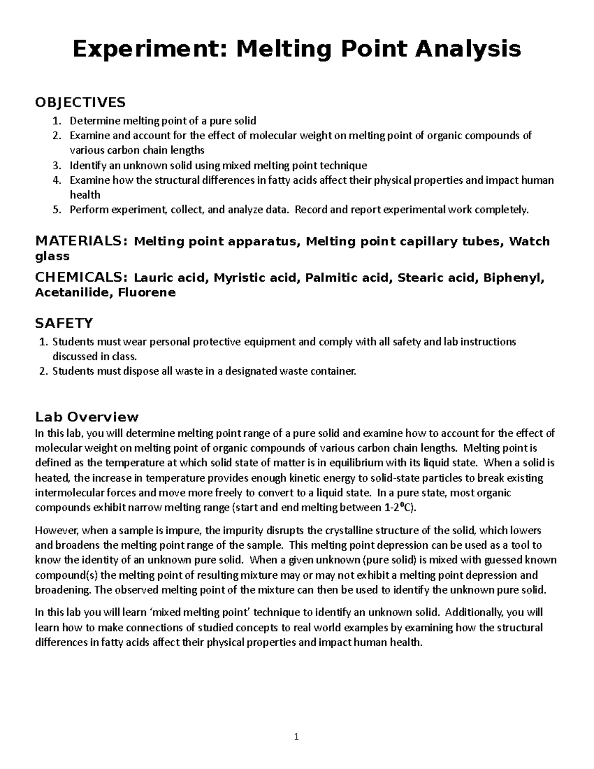 Melting Point Analysis Experiment: CHM 101 Lab Procedures & Objectives ...