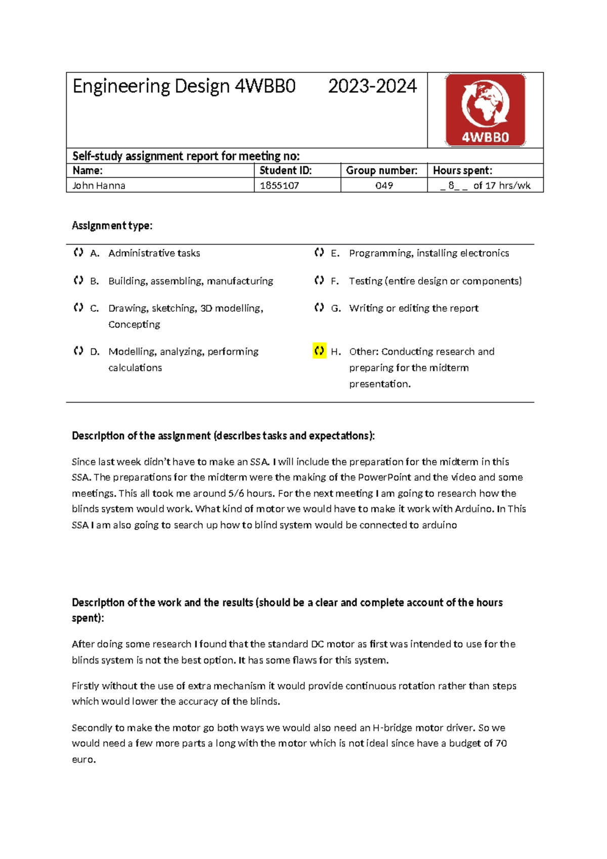 Engineering Design 4WBB0: Self-Study Assignment Report Week 3 - Studeersnel