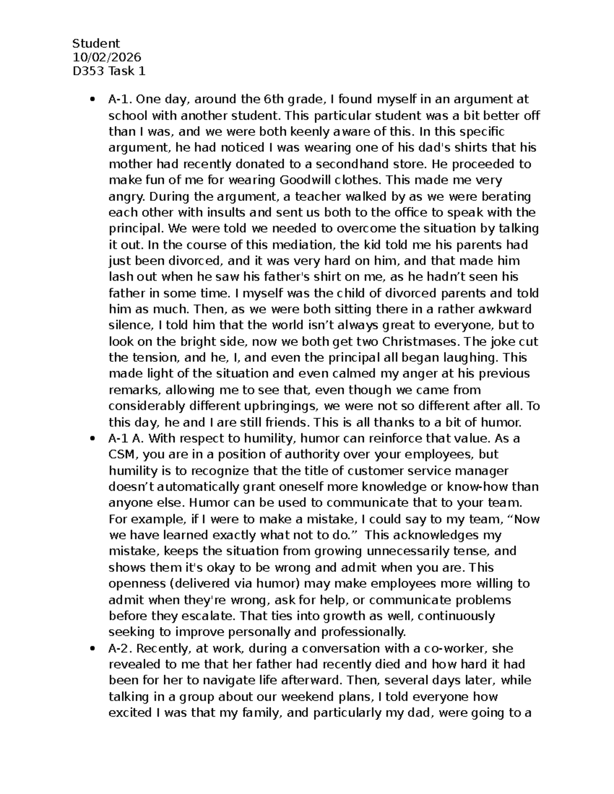 Student D353 Task 1: Reflections on Humility, Humor, and Prudence - Studocu