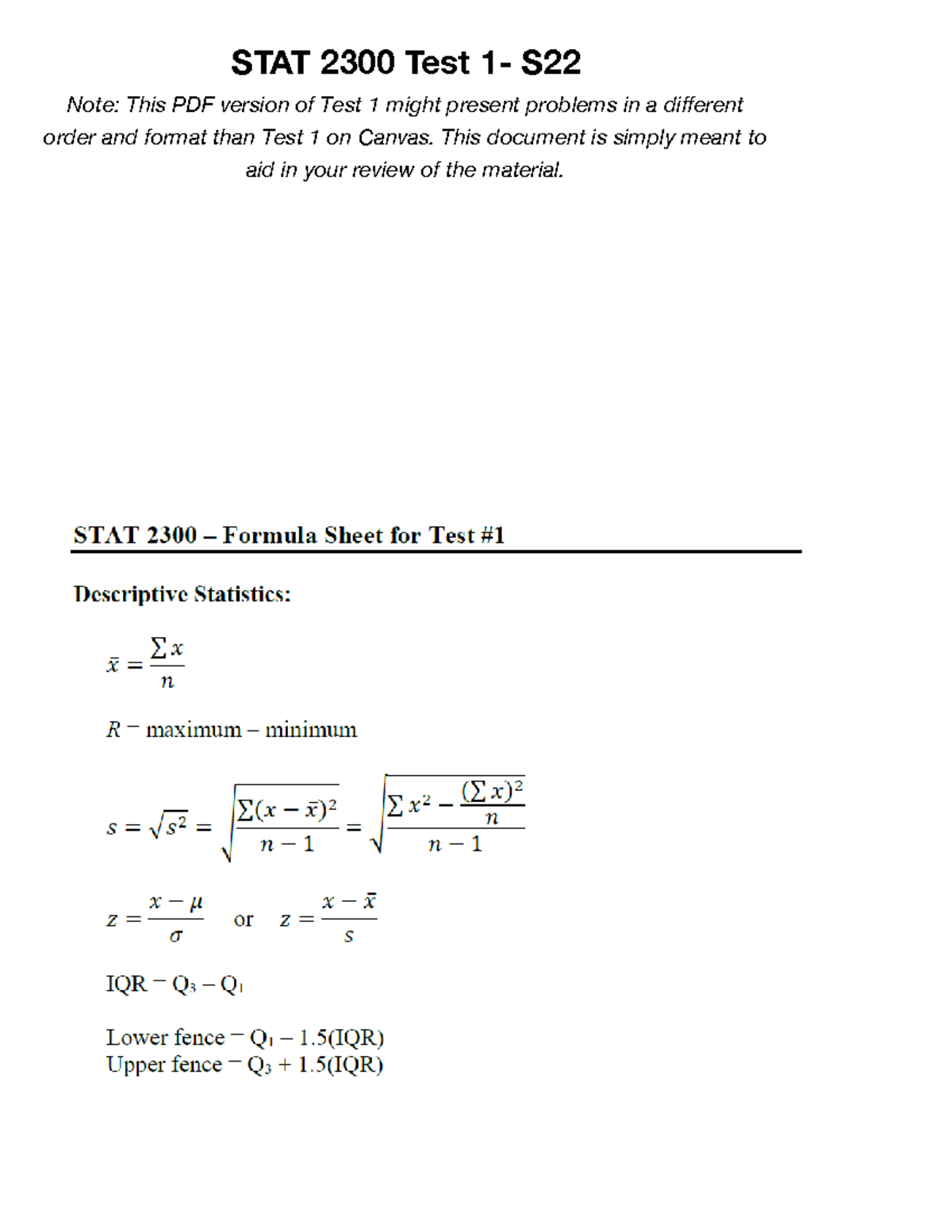 STAT 2300 Test 1 - S22 - Practice Exam Review Guide - Studocu