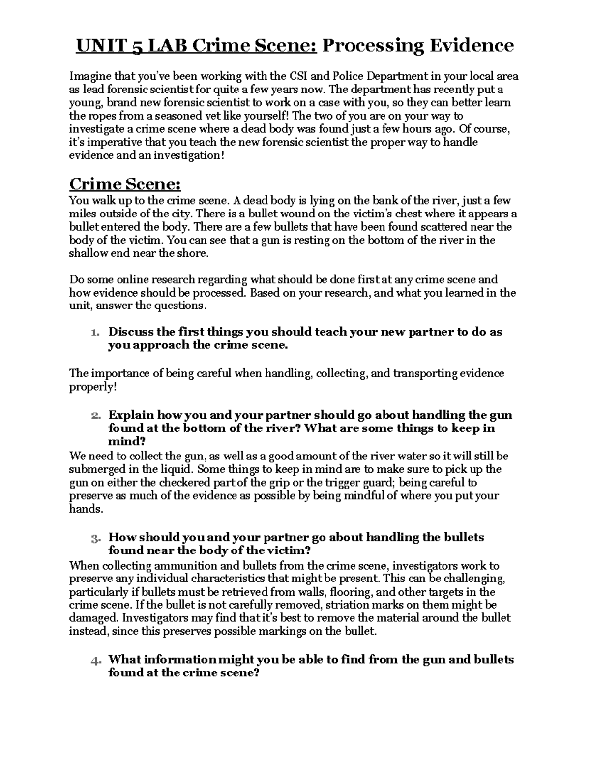 UNIT 5 LAB Crime Scene Processing Evidence - UNIT 5 LAB Crime Scene ...