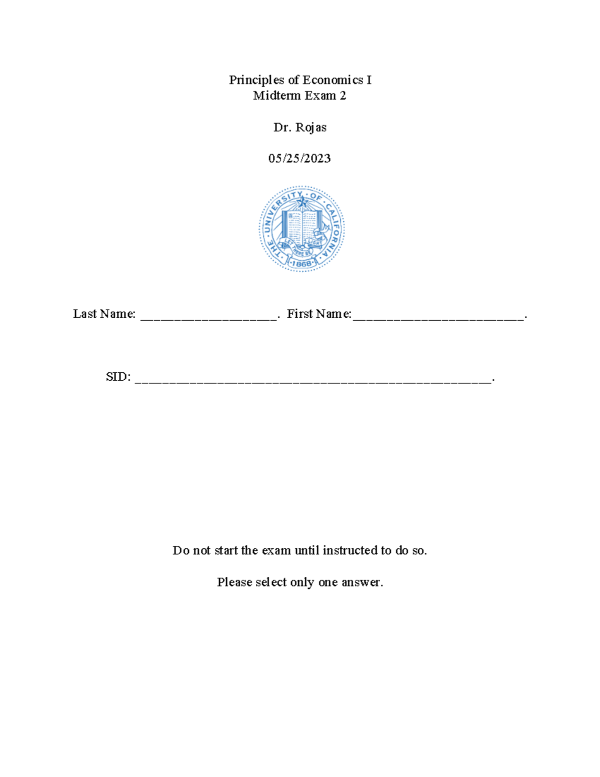 Principles of Economics I Midterm Exam 2 Solutions (Spring 2023 ...