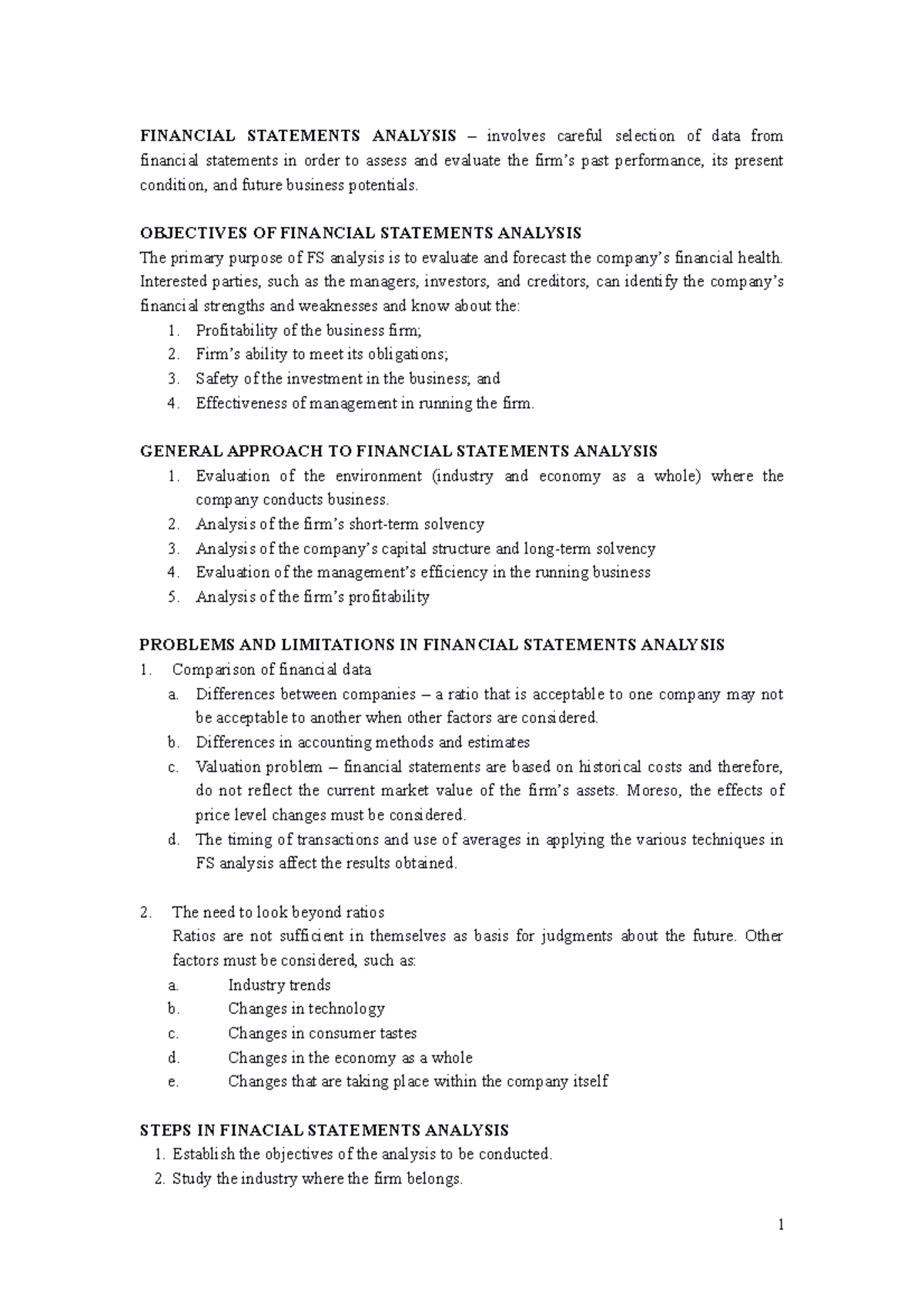 Financial Statement Analysis Notes (FINA 201) - Studocu