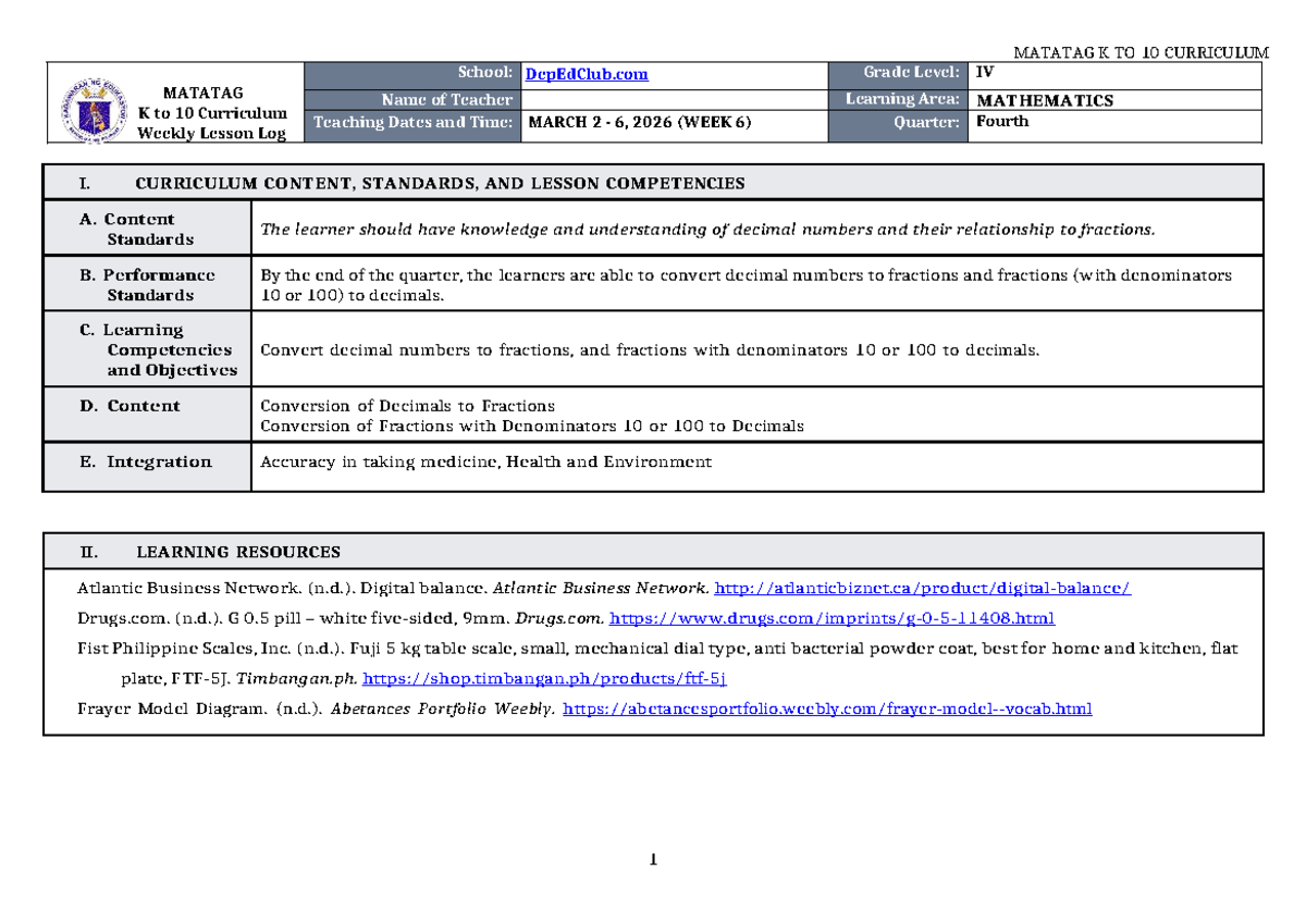 DLL Matatag MATH 4 Q4 W6 - Weekly Lesson Log on Decimals and Fractions ...