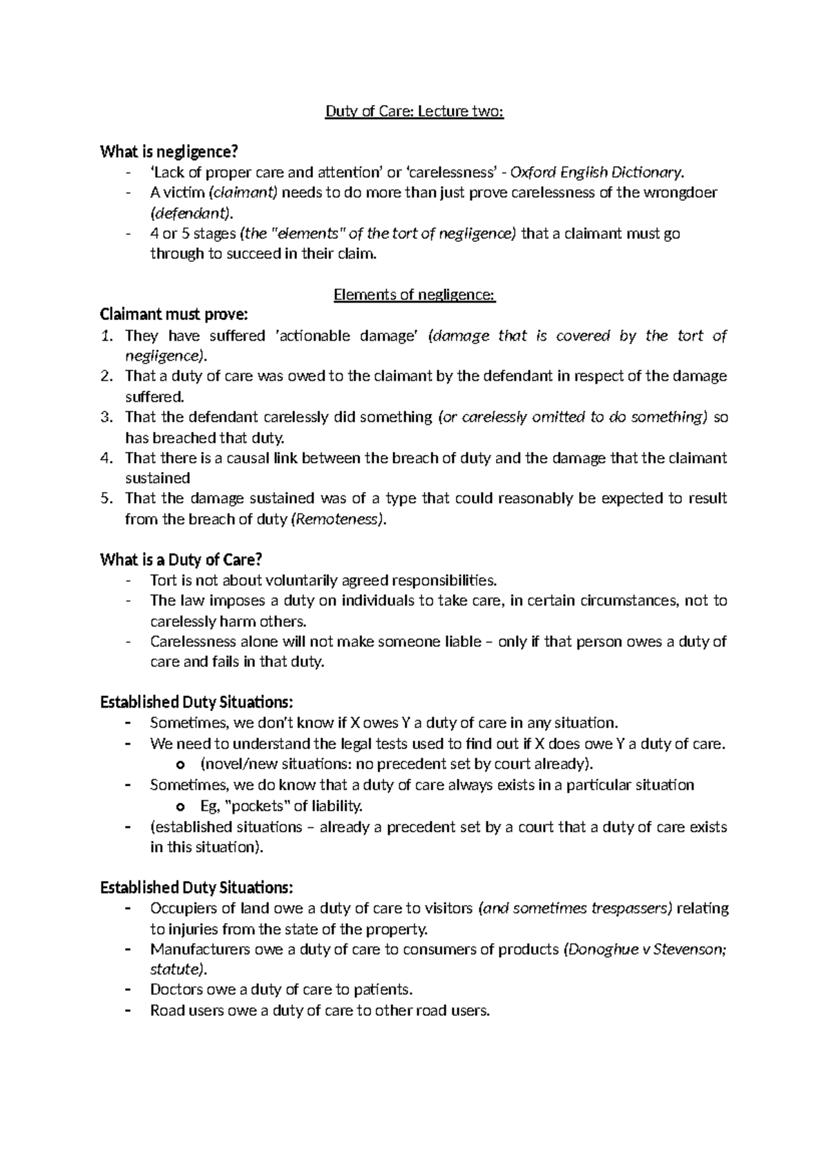 Duty of Care L2: Understanding Negligence and Legal Principles - Studocu