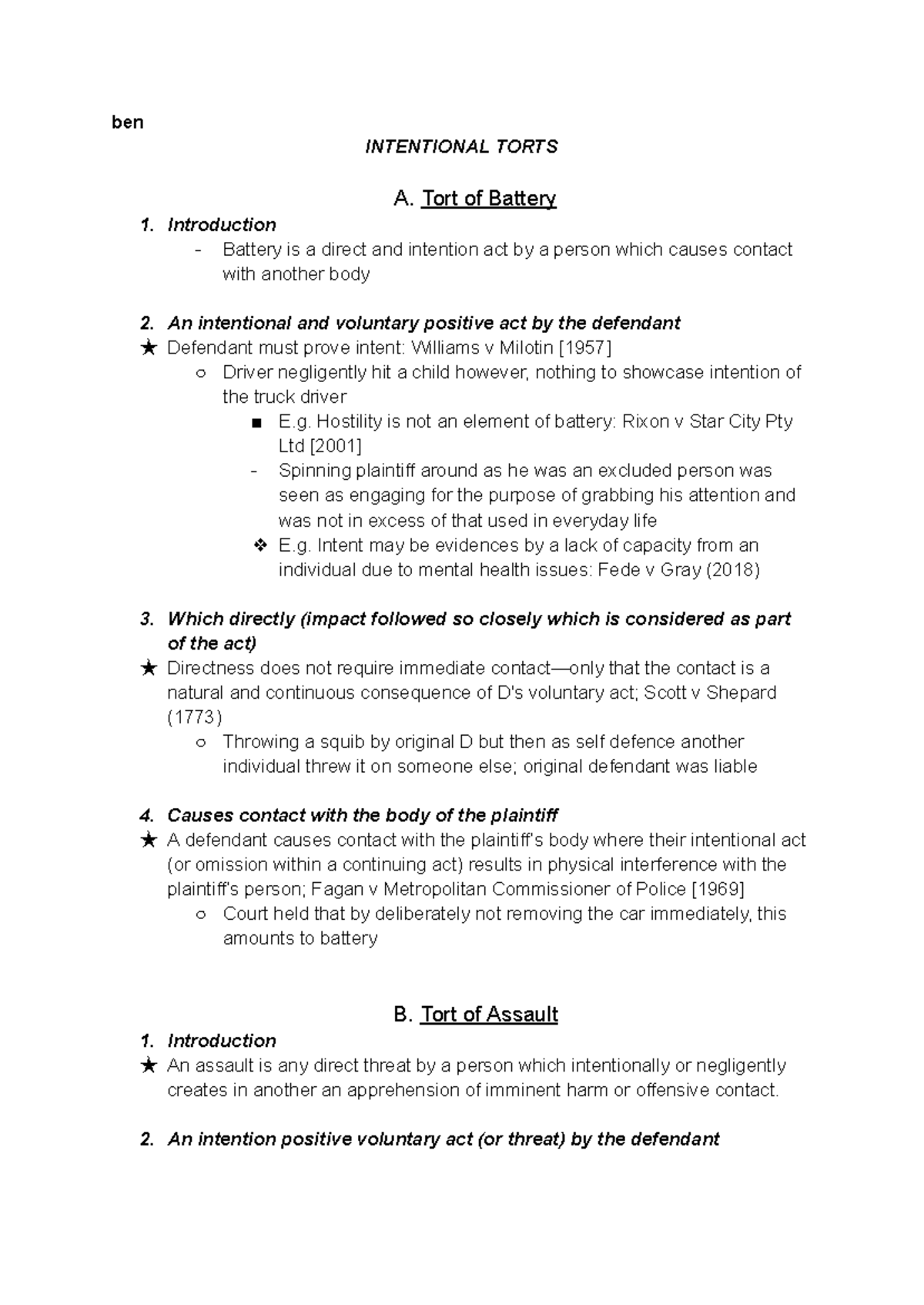Torts Exam Notes: Intentional Torts of Battery, Assault, and False ...