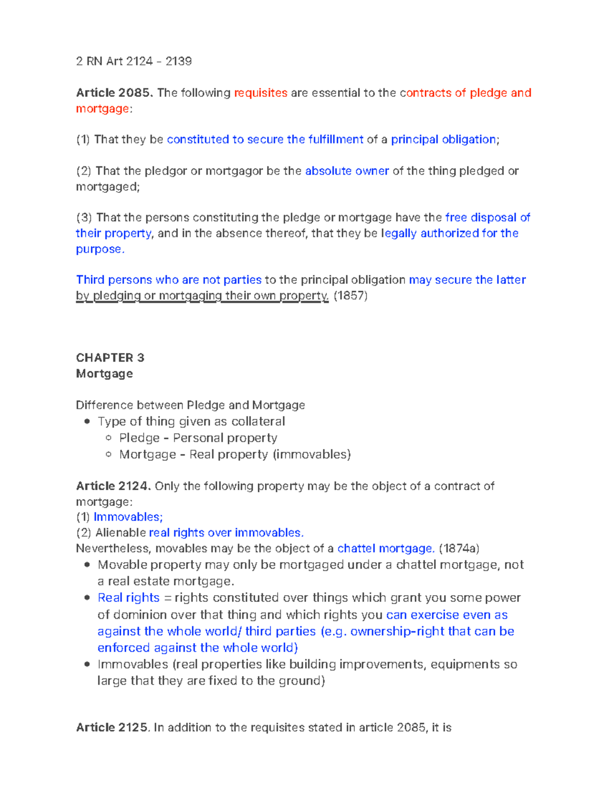 2 RN Art 2124-2139: Pledge and Mortgage Essentials Explained - Studocu
