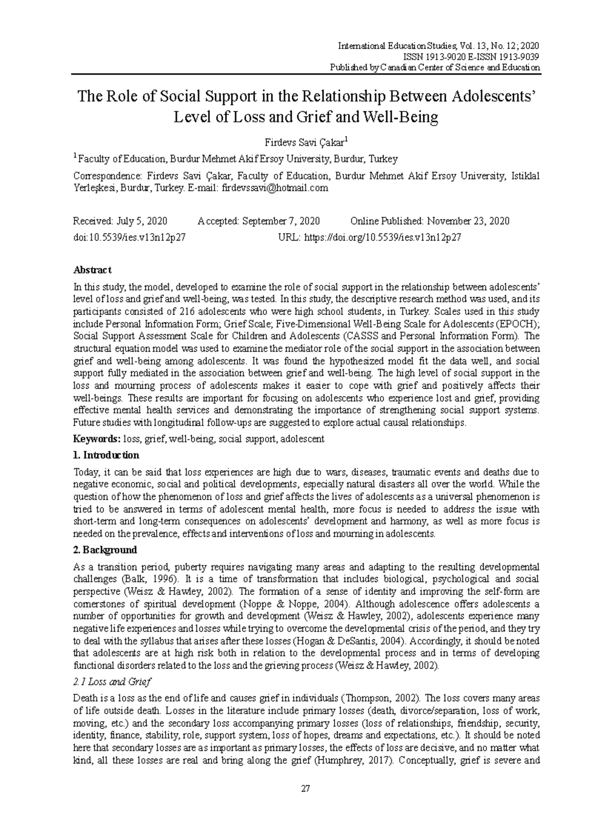 The Role of Social Support in Loss and Grief Among Adolescents: A Study ...
