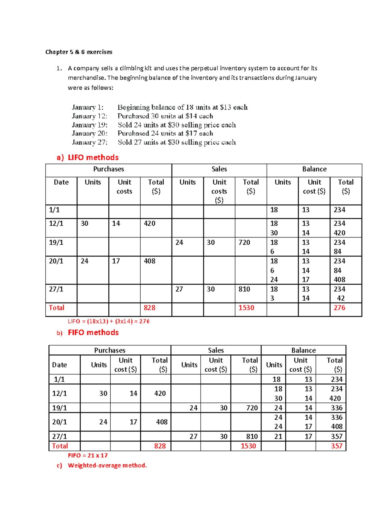 Chapter 5: Inventory Valuation Exercises (LIFO, FIFO, Weighted Avg ...