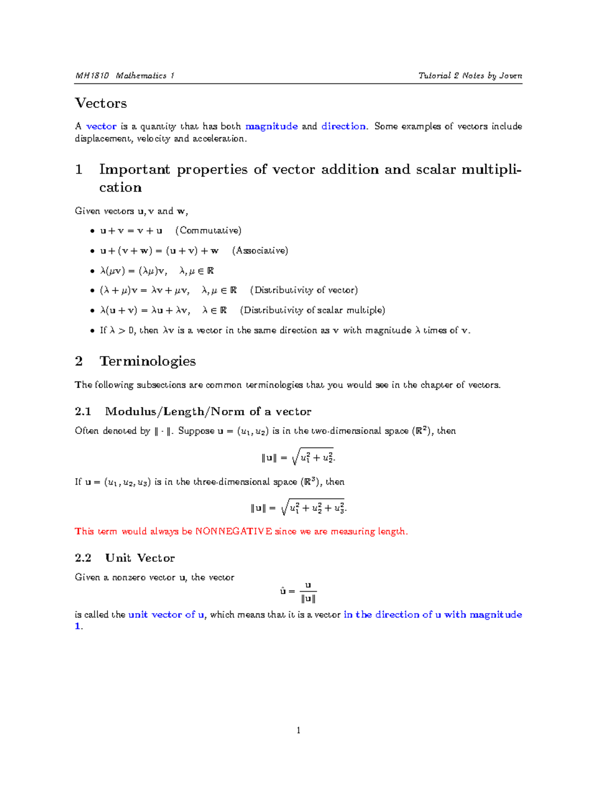 MH1810 Mathematics 1 Tutorial 2: Vectors and Their Properties - Studocu