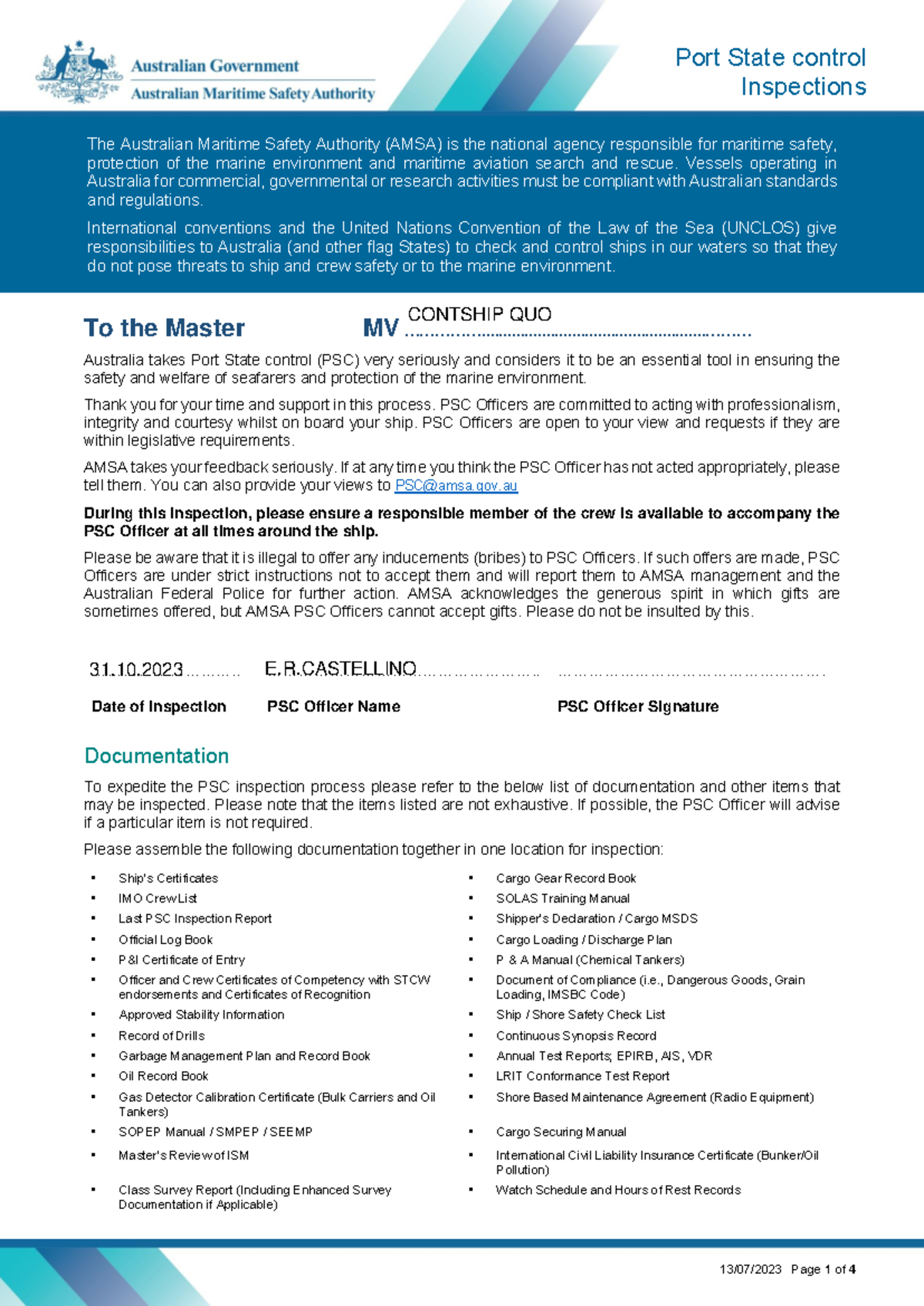 AMSA Port State Control Inspections Guidelines and Procedures - Studocu