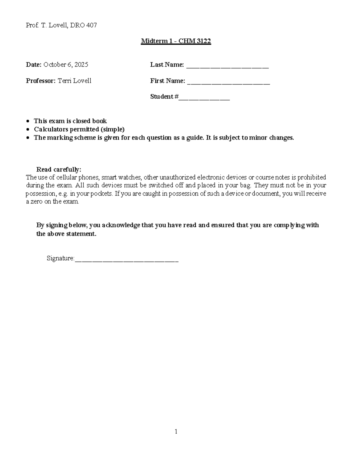 CHM 3122 DRO 407 Midterm 1 Exam Guidelines and Questions - Studocu