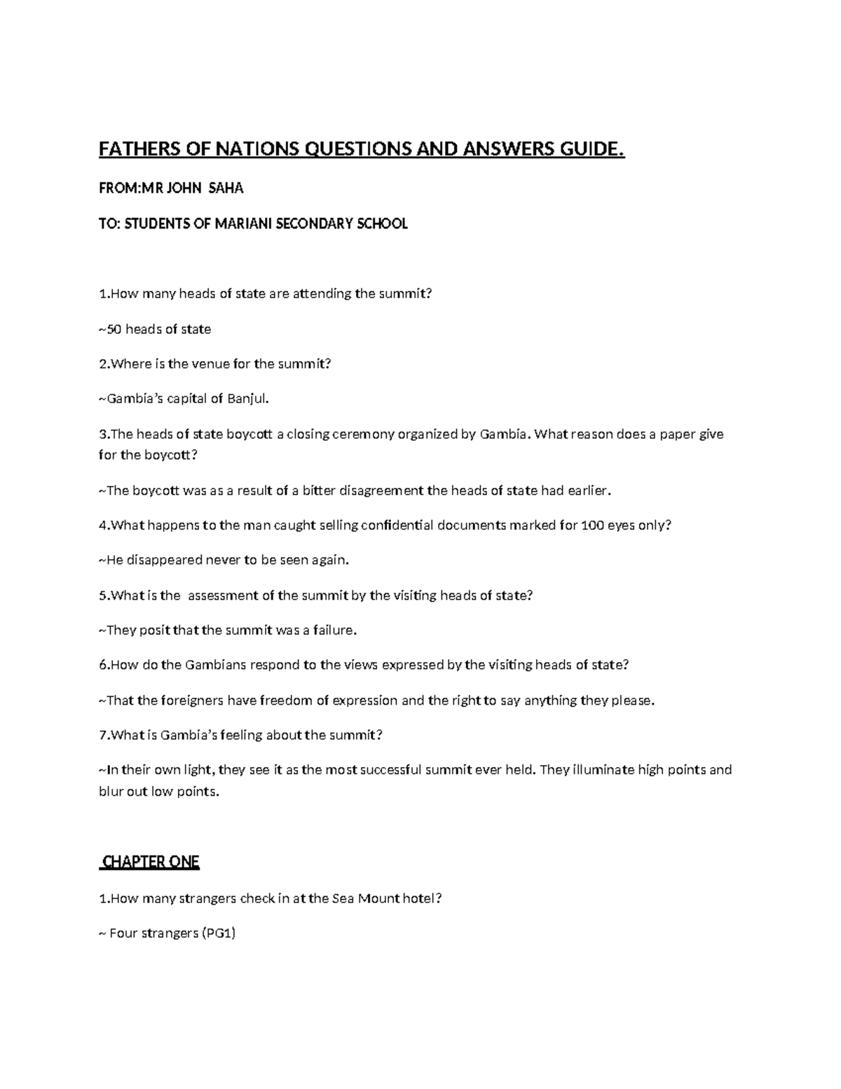 FATHERS OF NATIONS: QUESTIONS & ANSWERS GUIDE BY MR. JOHN SAHA - Studocu