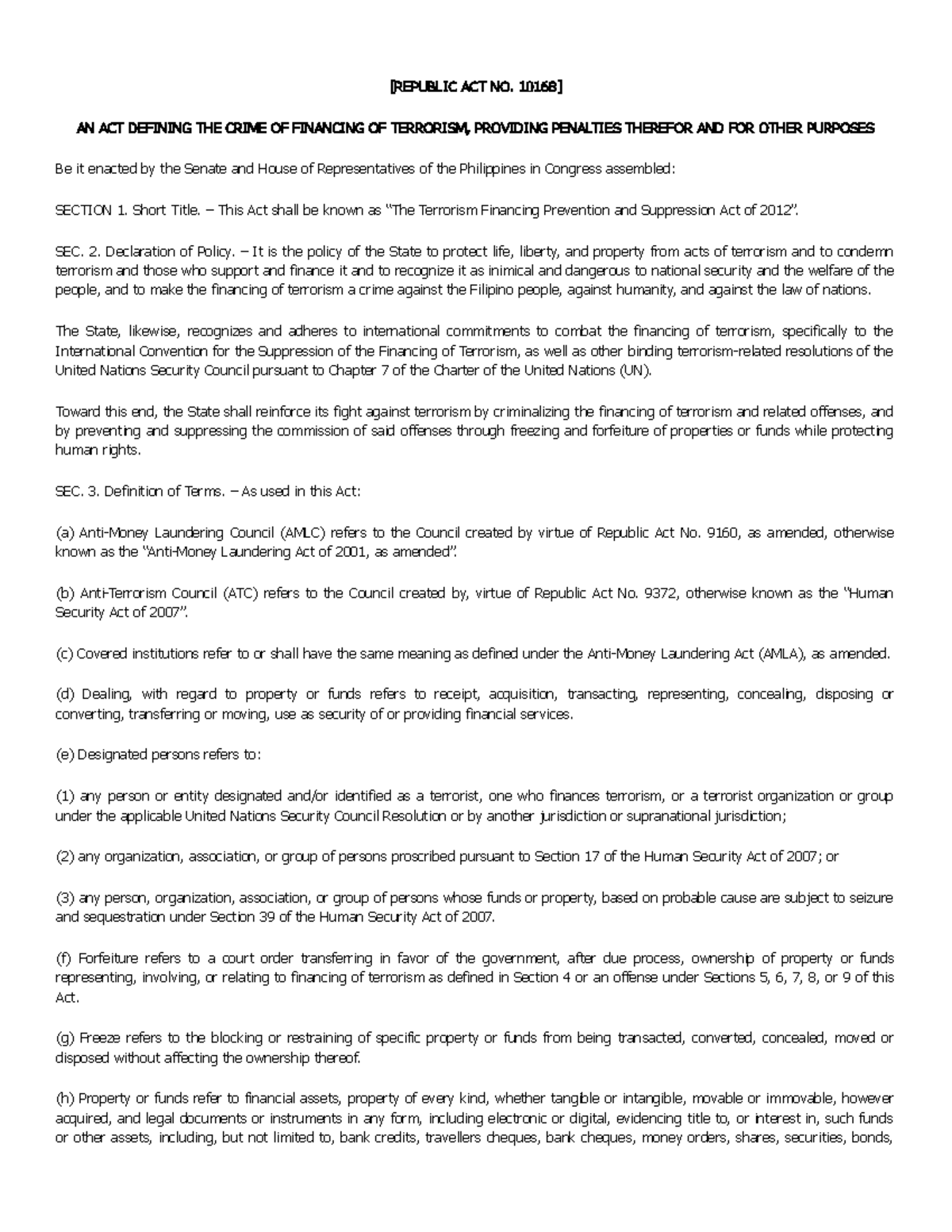 Republic Act No. 10168: Terrorism Financing Prevention Act Overview ...