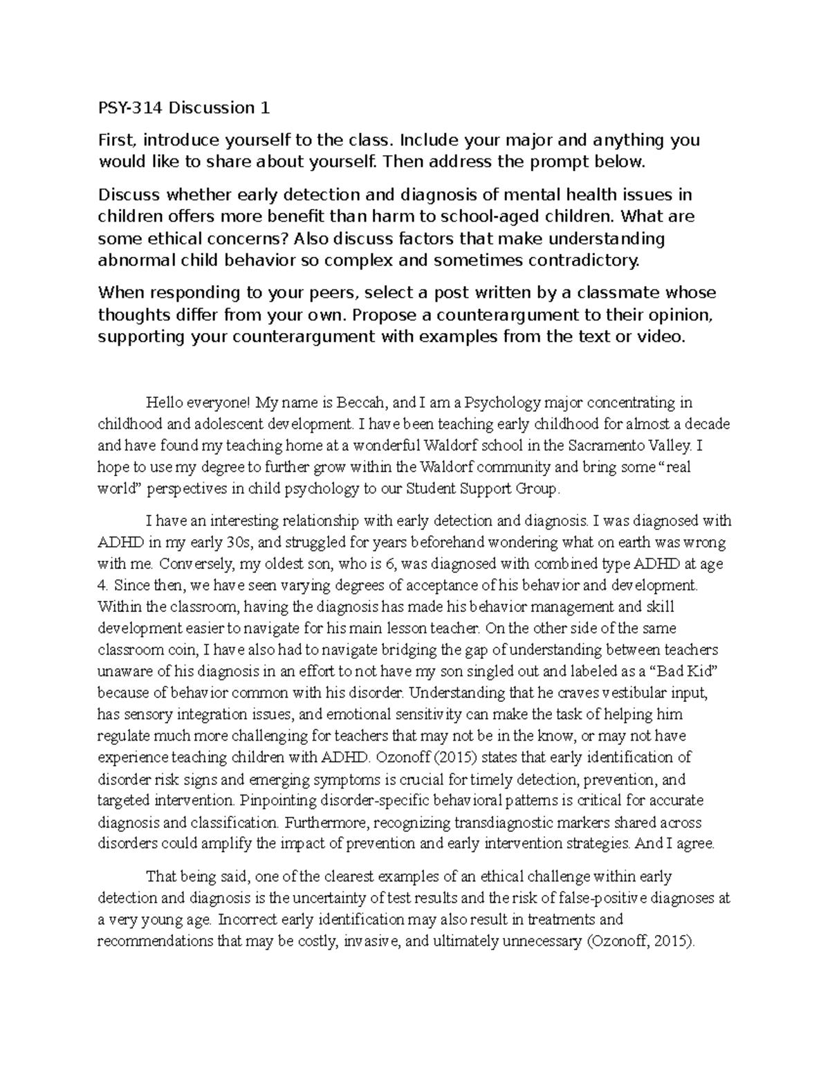PSY-314 DIscussion 1 - Received an A - PSY-314 Discussion 1 First ...