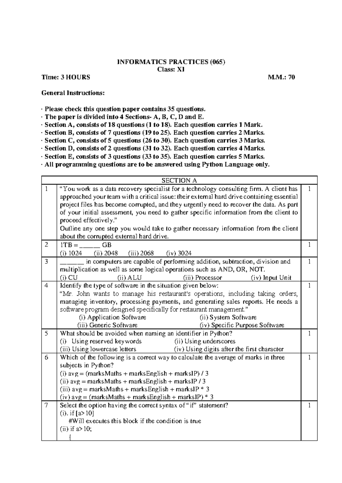 IP (065) Class XI Sample Paper - 35 Questions with Mark Distribution ...