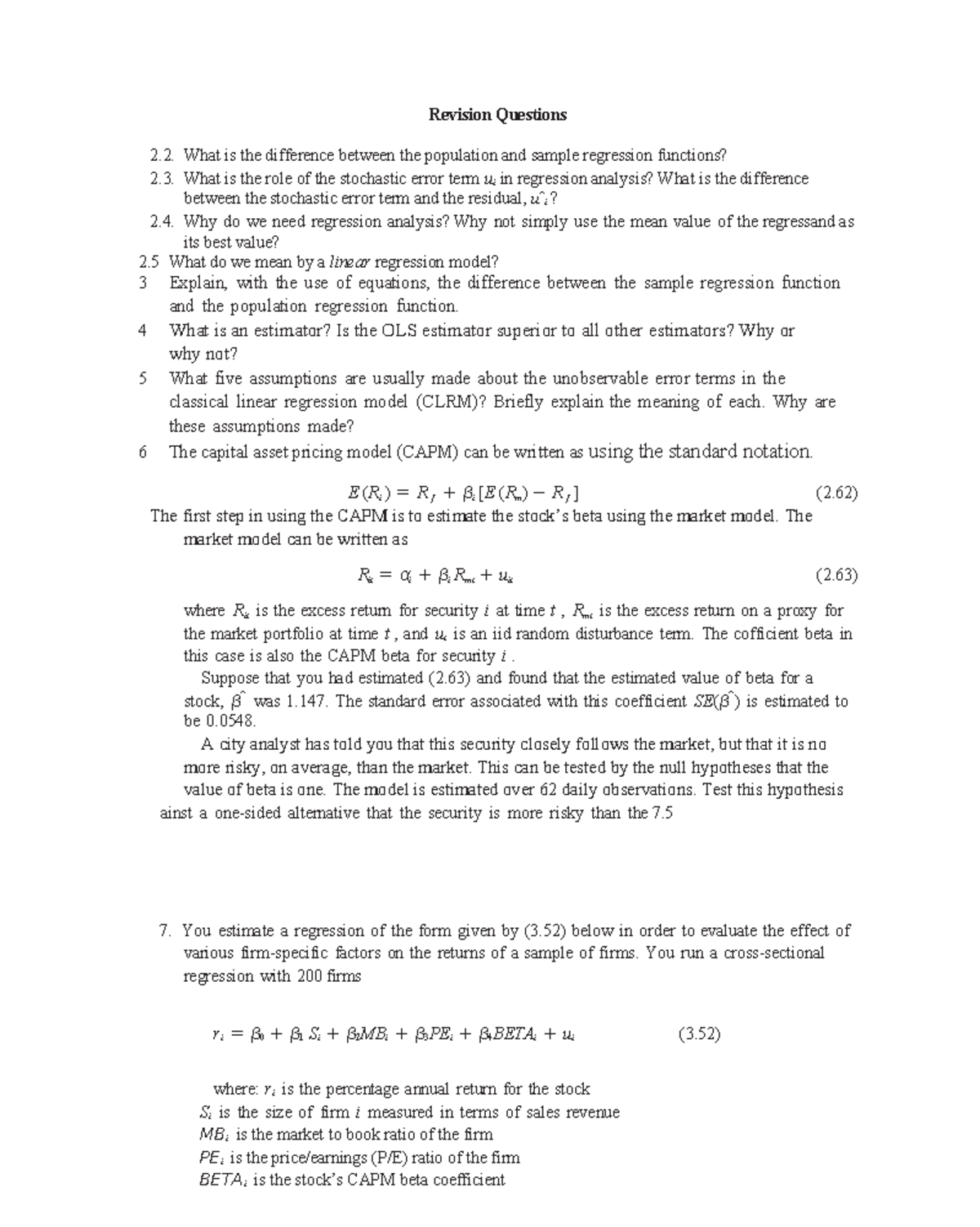 Econometrics Revision Questions for ECON 301: Key Topics and Concepts ...