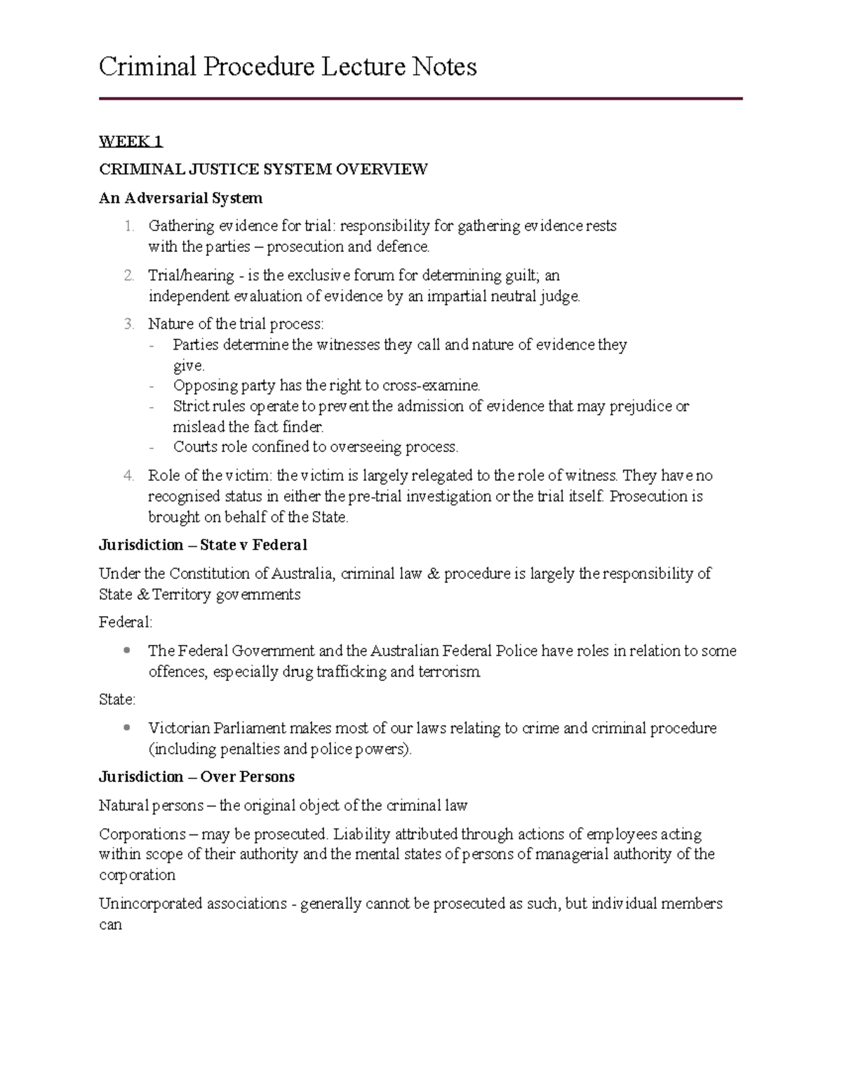 Crim Proc MLP218: Criminal Procedure Lecture Notes Overview - Studocu