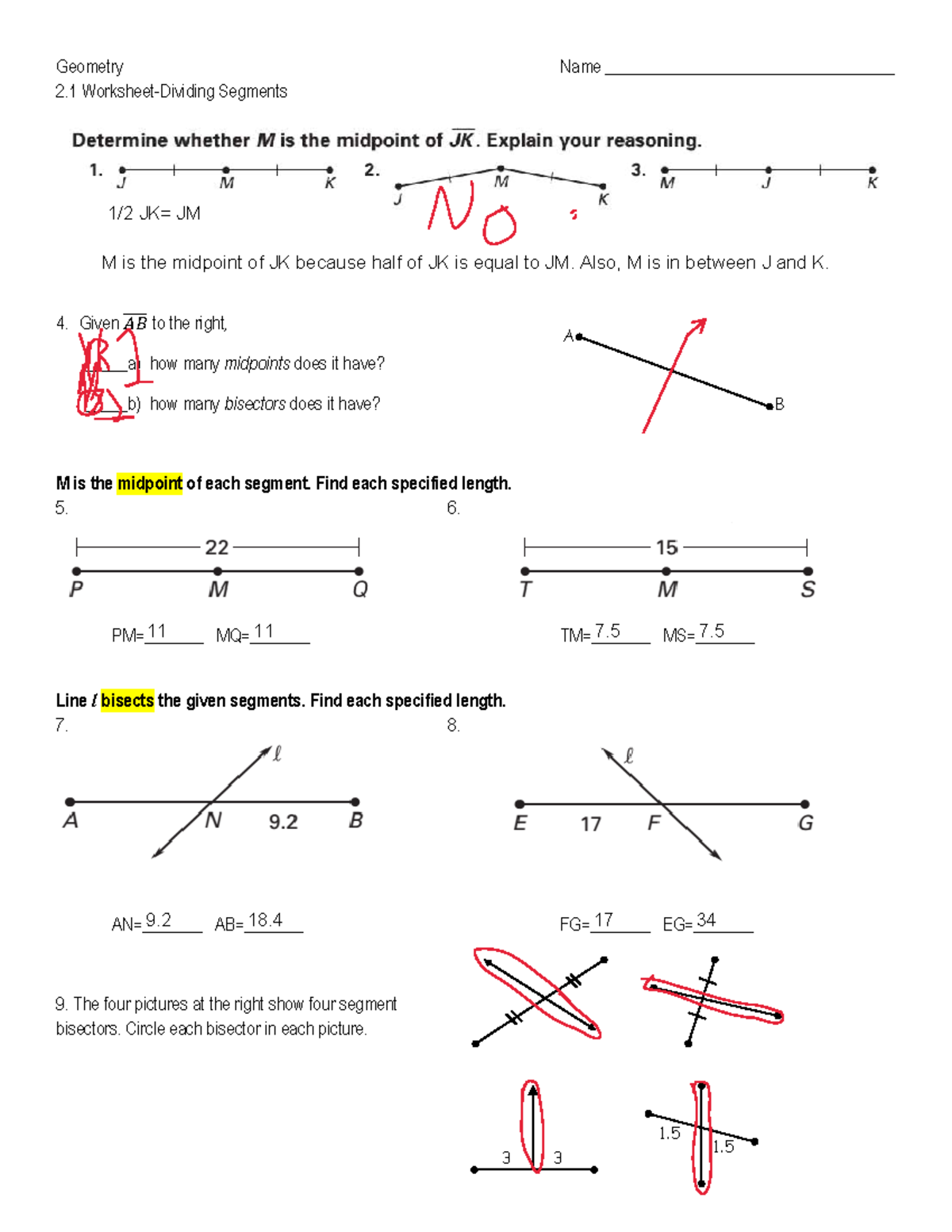 Geometry 2.1 Midpoints & Bisectors Worksheet - Studocu