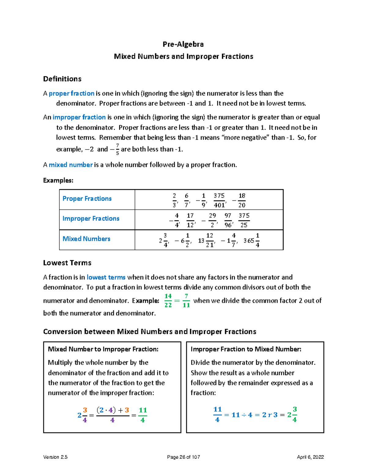 Formulas Processes and Tricks 7 - Pre‐Algebra Mixed Numbers and ...