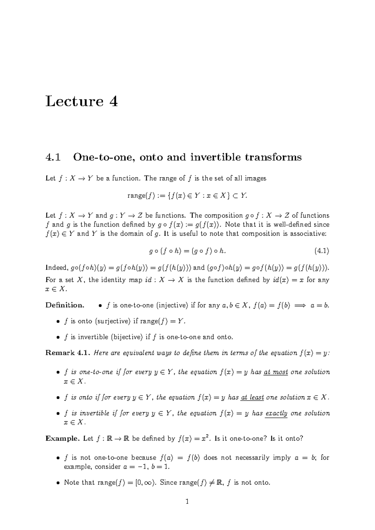 Lecture 4: Onto and Invertible Transforms in Functions - Studocu