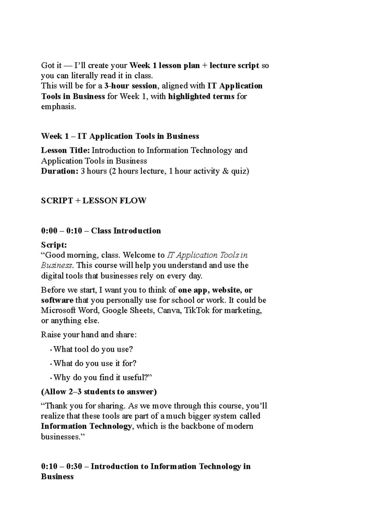 Week 1 & 2 Lecture Script: IT Application Tools in Business (ITAB101 ...