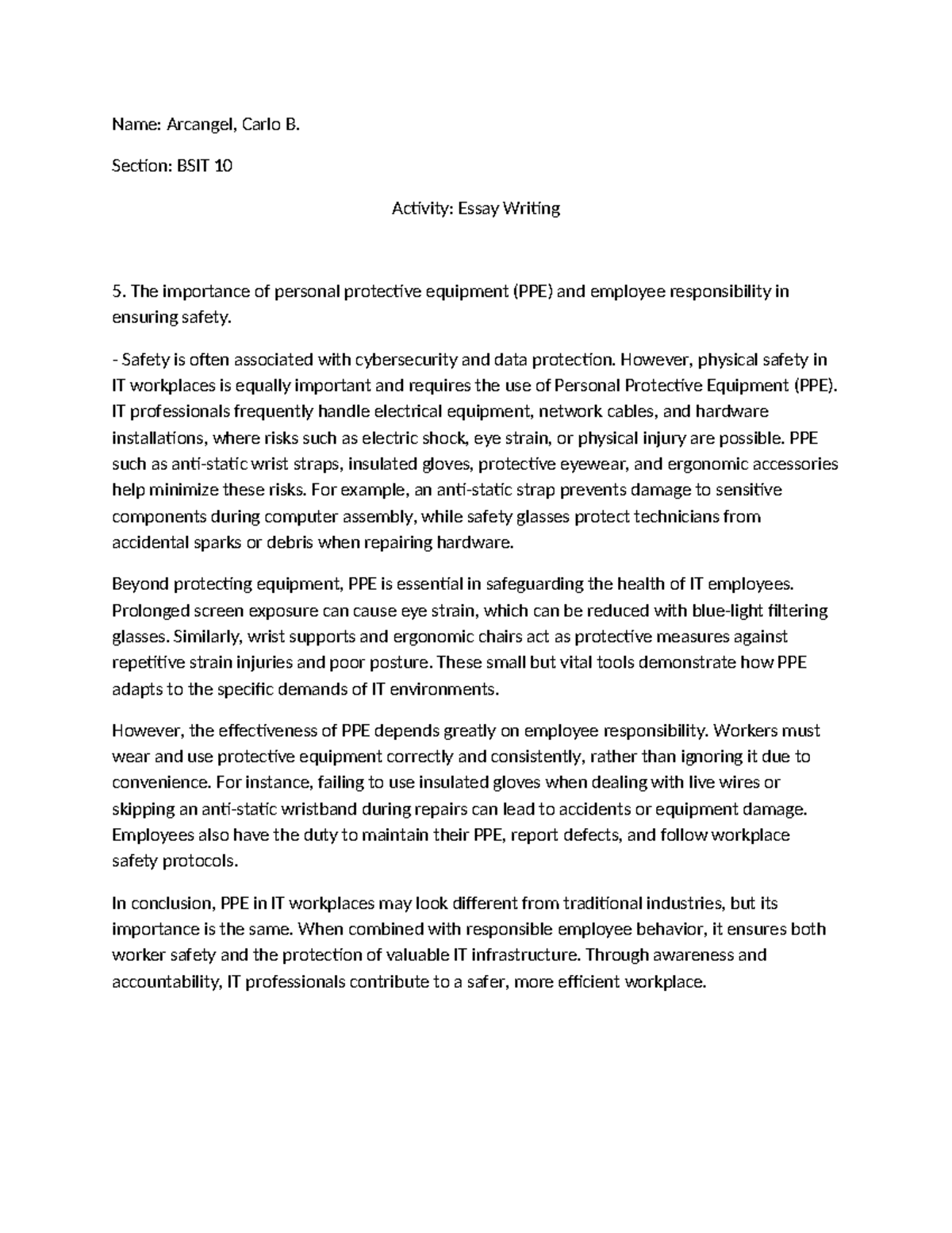 BSIT 10 Essay Writing 5: The Role of PPE in IT Workplace Safety - Studocu