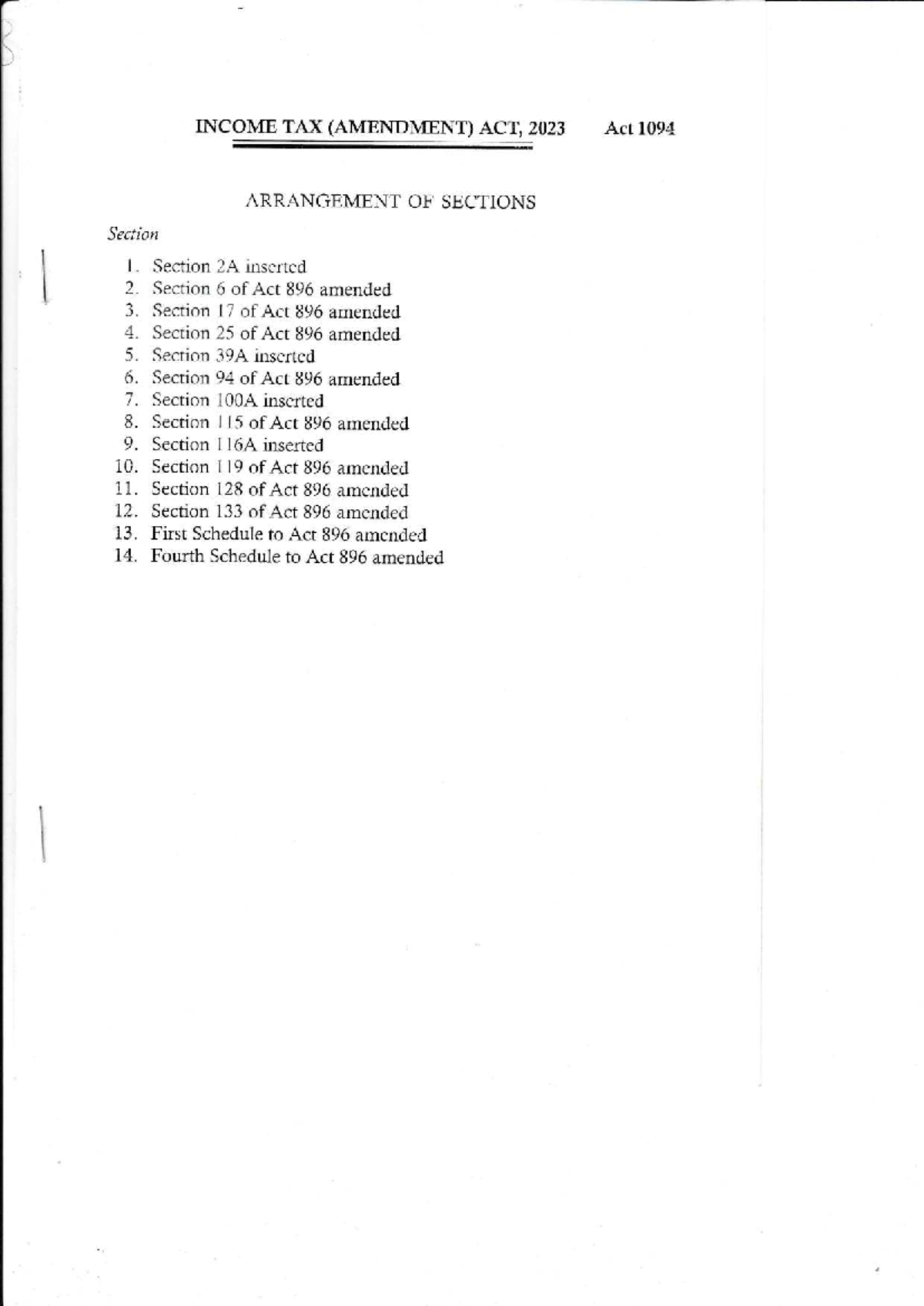 Income Tax (Amendment) Act, 2023 - Act 1094 Overview and Sections - Studocu