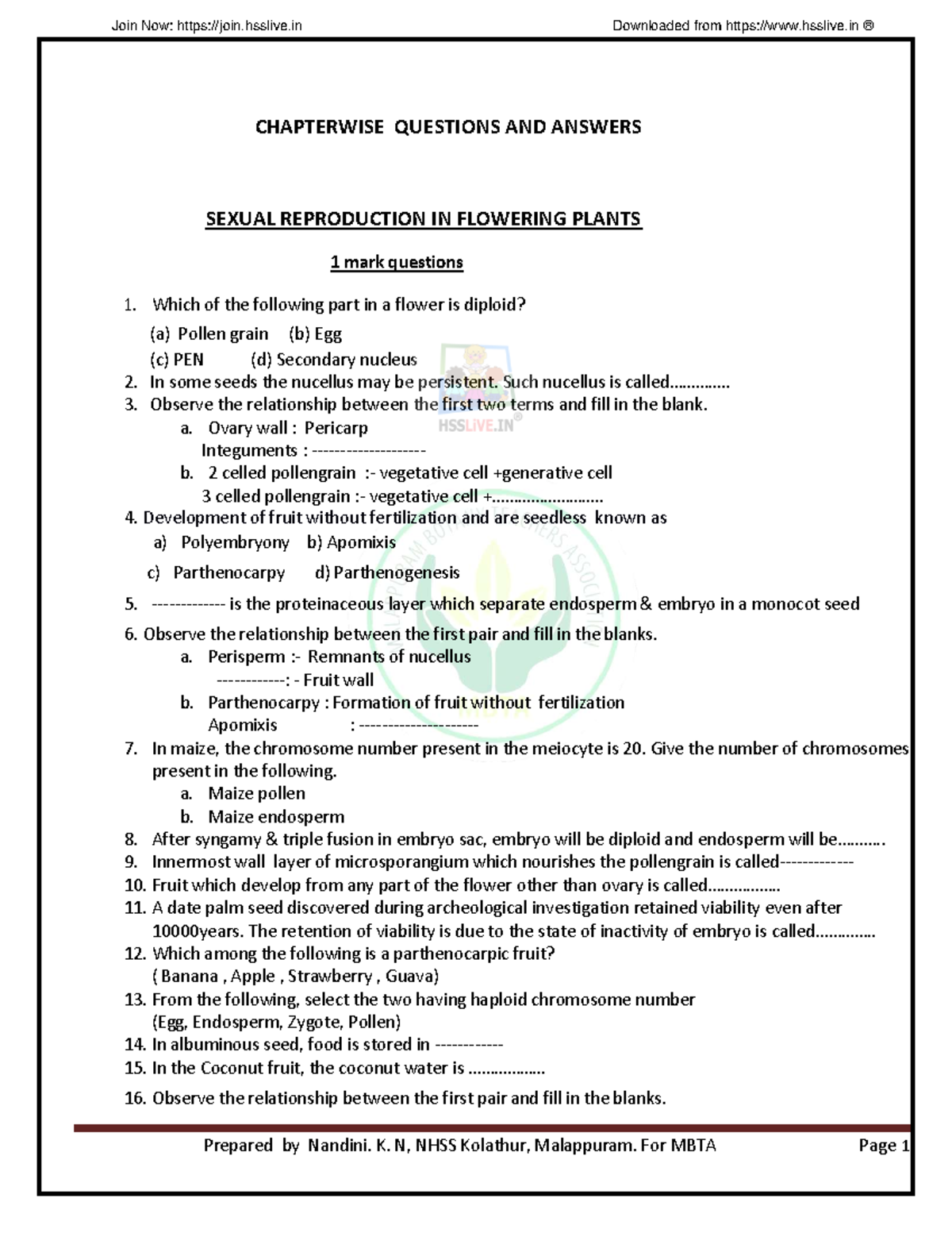 HSSLIVE XII Botany Chapterwise Q&A Notes for Exam Prep - Studocu