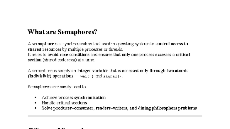 Operating Systems (CS101) Lecture Notes: Understanding Semaphores - Studocu