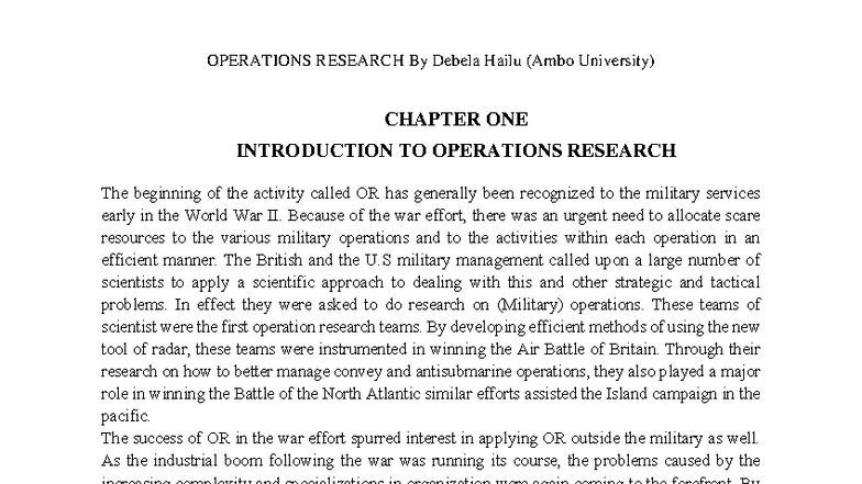 OPERATIONS RESEARCH 2: CHAPTER ONE - INTRODUCTION TO O.R. - Studocu