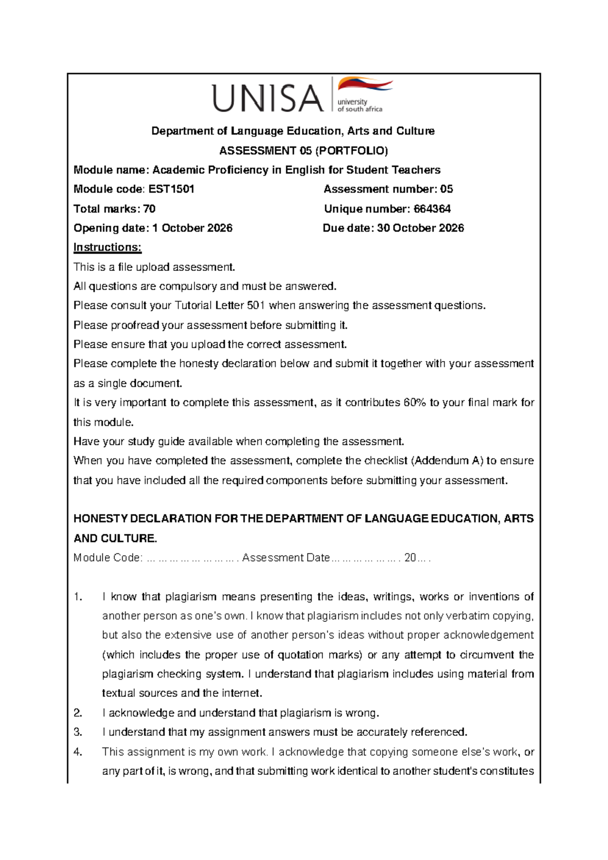 EST1501 Academic Proficiency in English Portfolio Assessment - Studocu