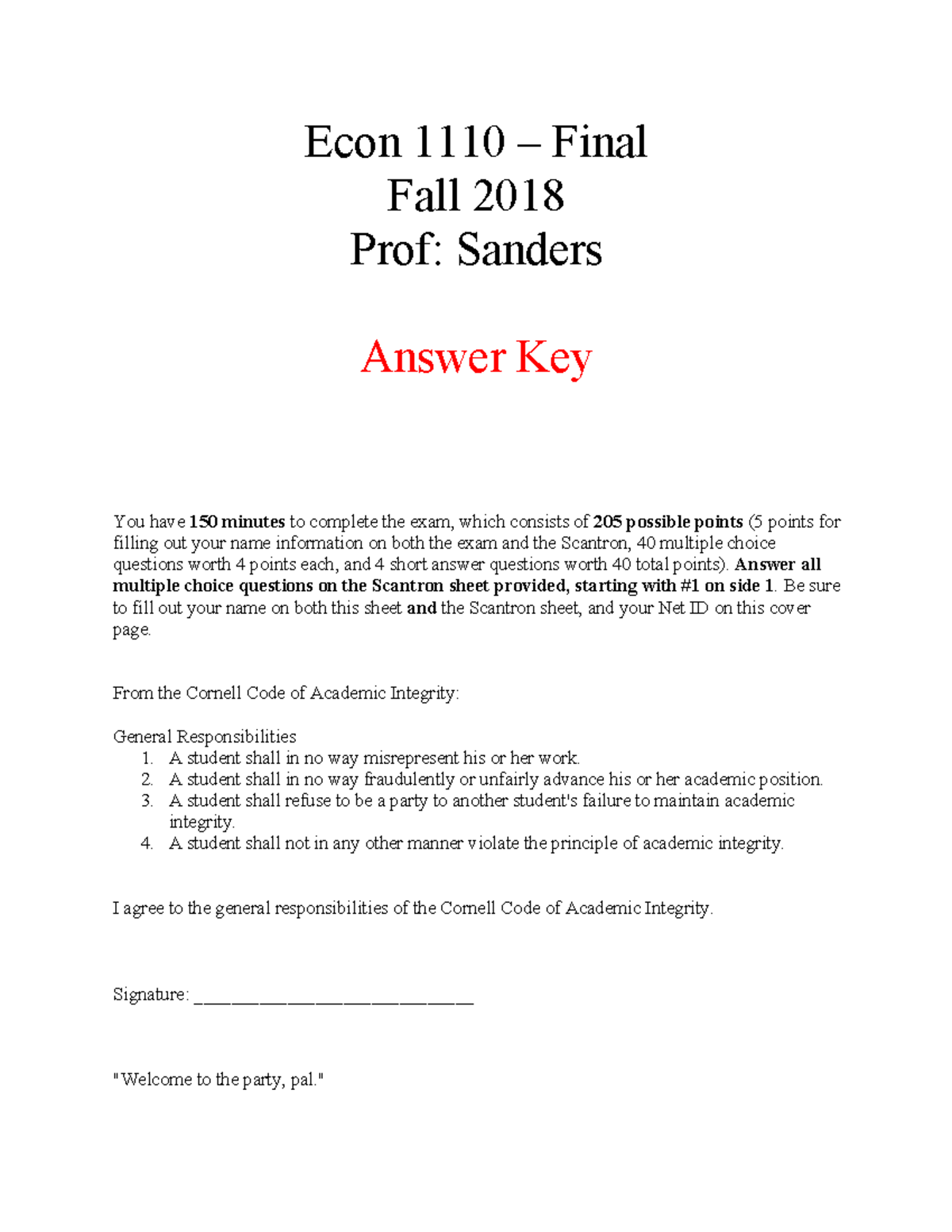 Econ 101 Final Exam Answer Key - Fall 2018 Prof. Sanders - Studocu