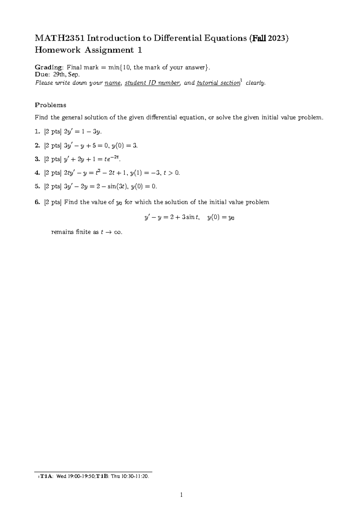 Homework 1 Solutions for MATH 2351: Diff. Equations (Fall 2023) - Studocu