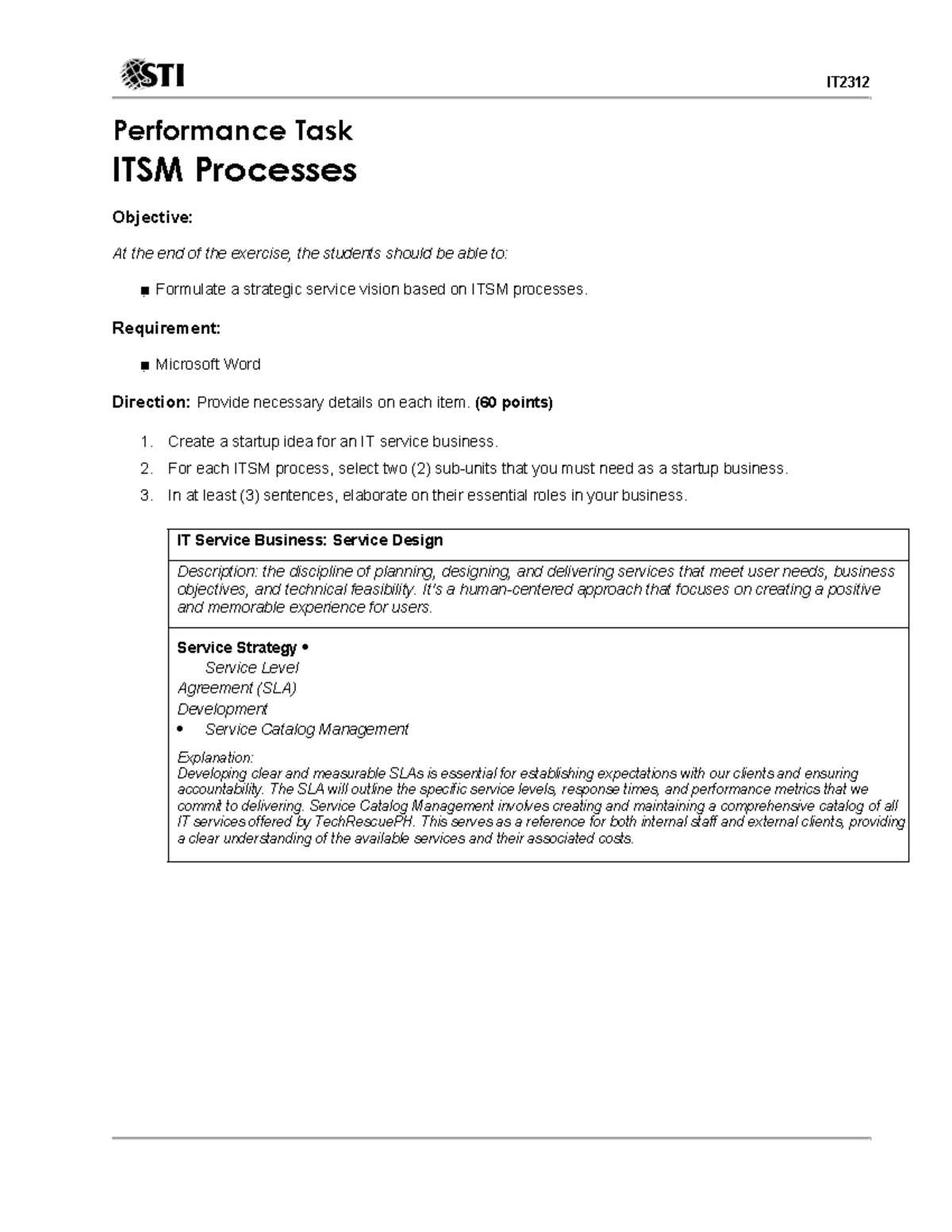 IT 2312 Performance Task 1: Strategy & Design for ITSM Processes - Studocu