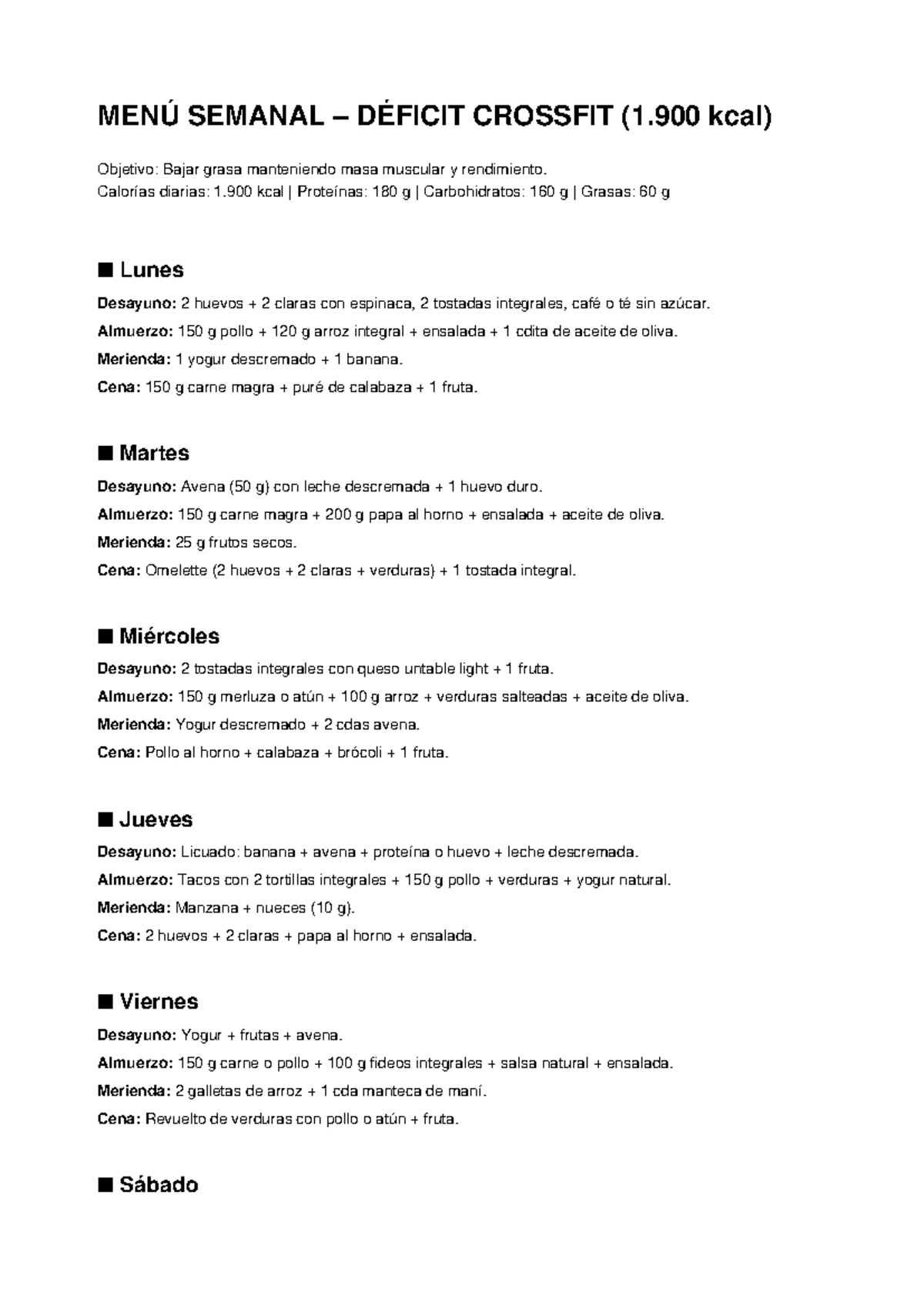 MENÚ SEMANAL DÉFICIT CROSSFIT (1.900 kcal) - Plan de Comidas - Studocu