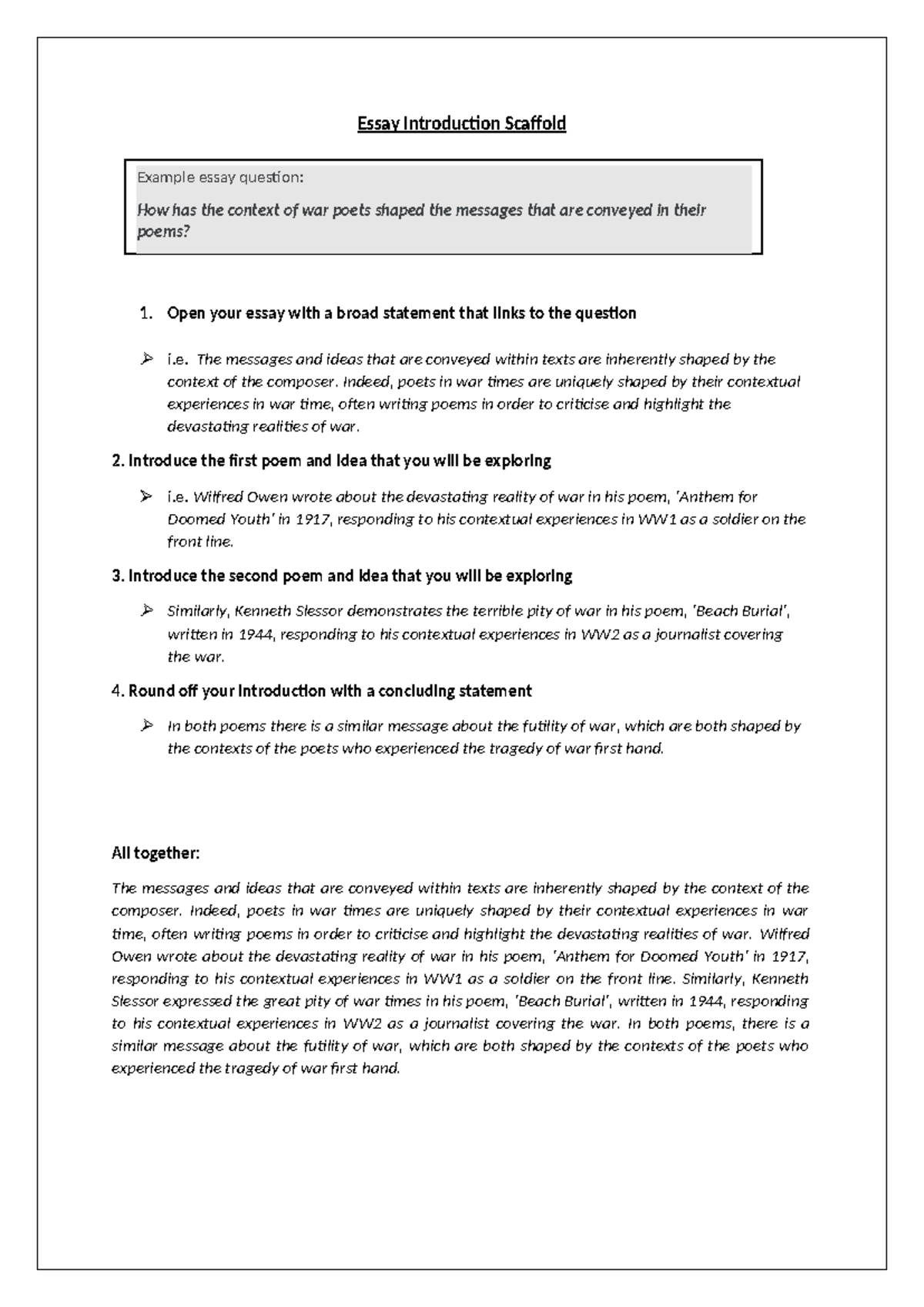 ENG101 Essay Intro Scaffold: War Poets & Their Contexts - Studocu