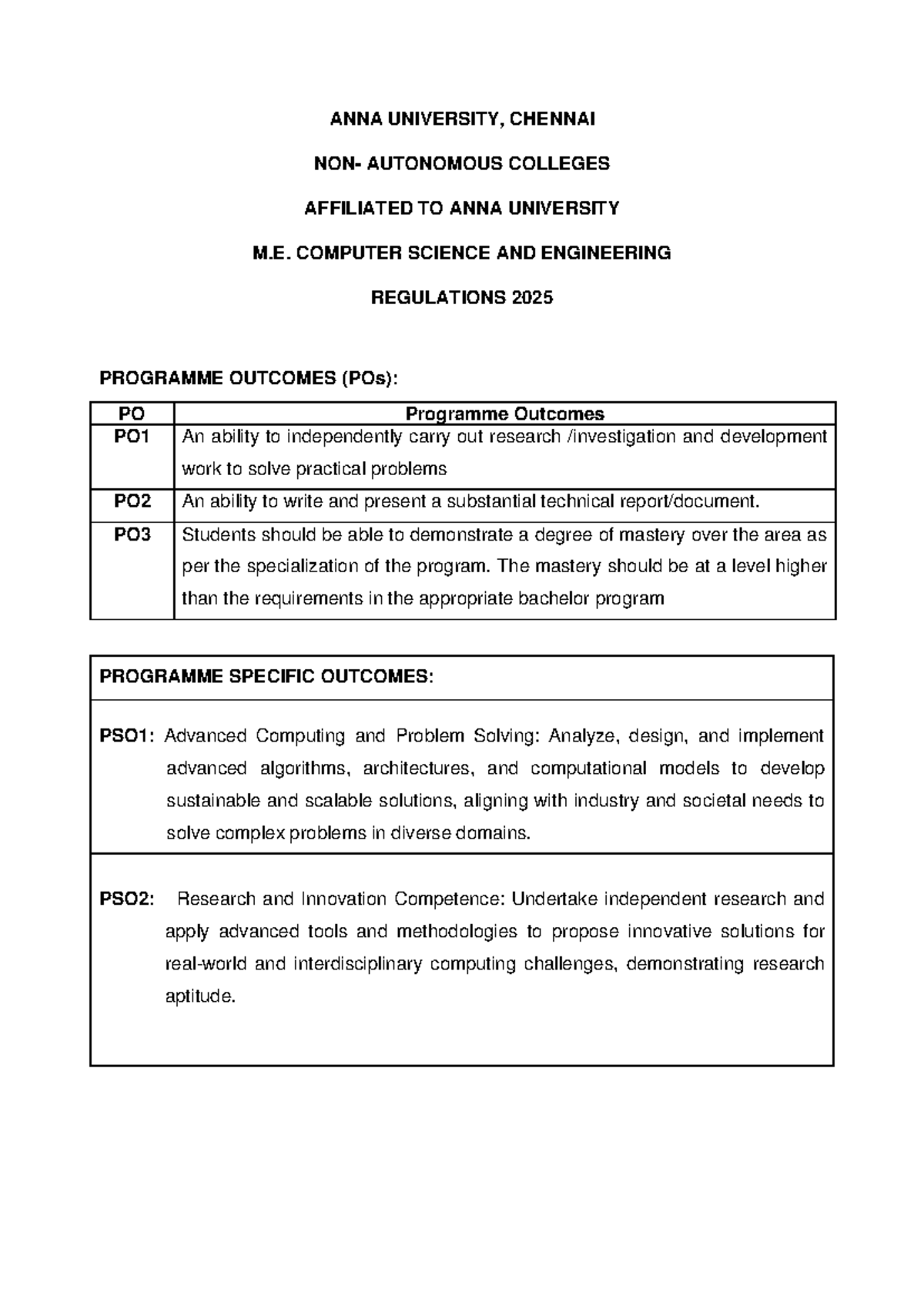 M.E. CSE Regulations 2025: Programme Outcomes & Curriculum Overview ...
