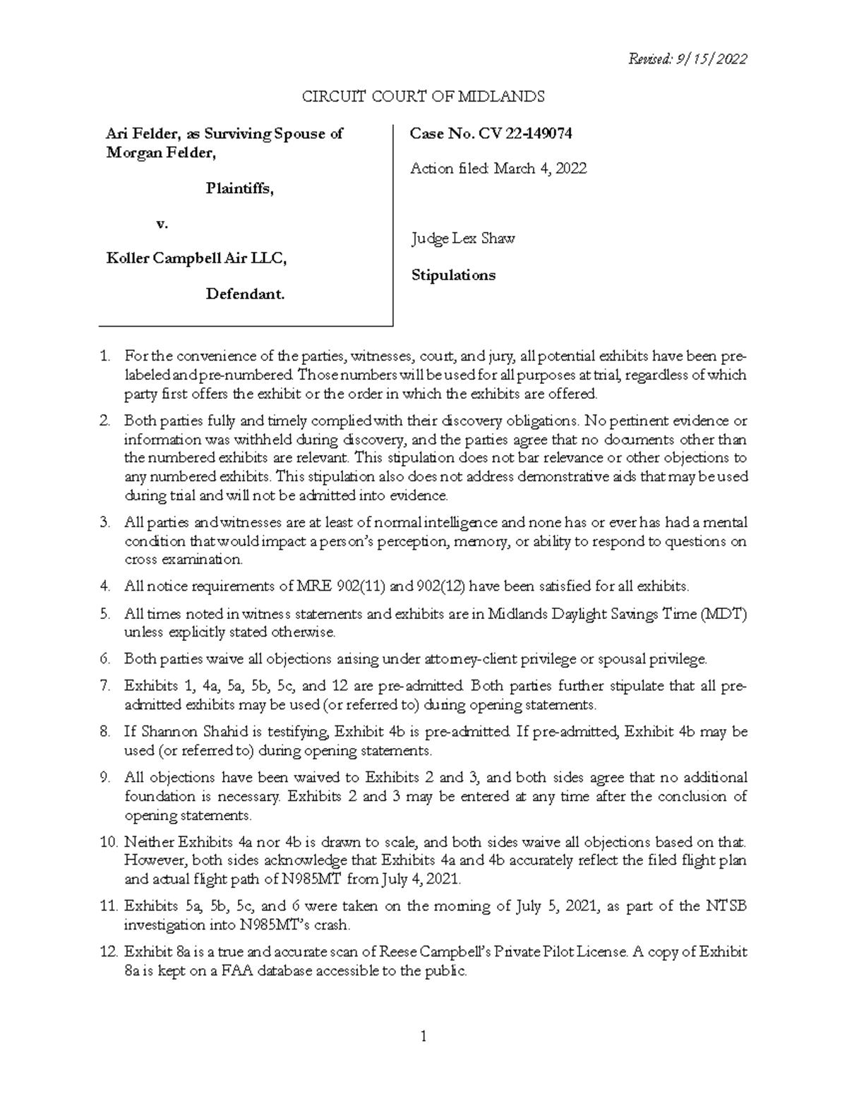 Case Stipulation Examples - Revised: 9/15/ CIRCUIT COURT OF MIDLANDS ...