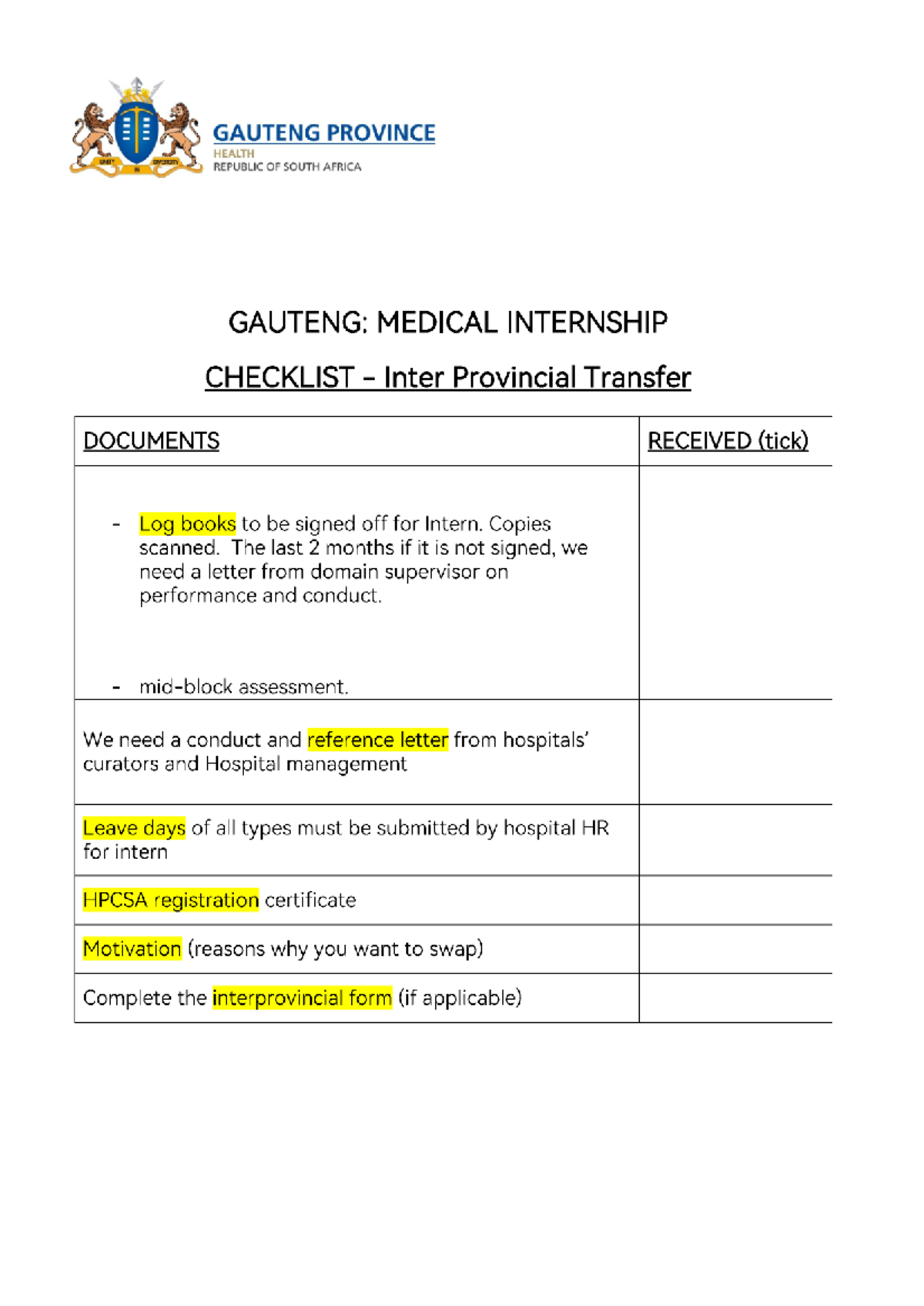 GAUTENG: Medical Internship Checklist for Interprovincial Transfer ...