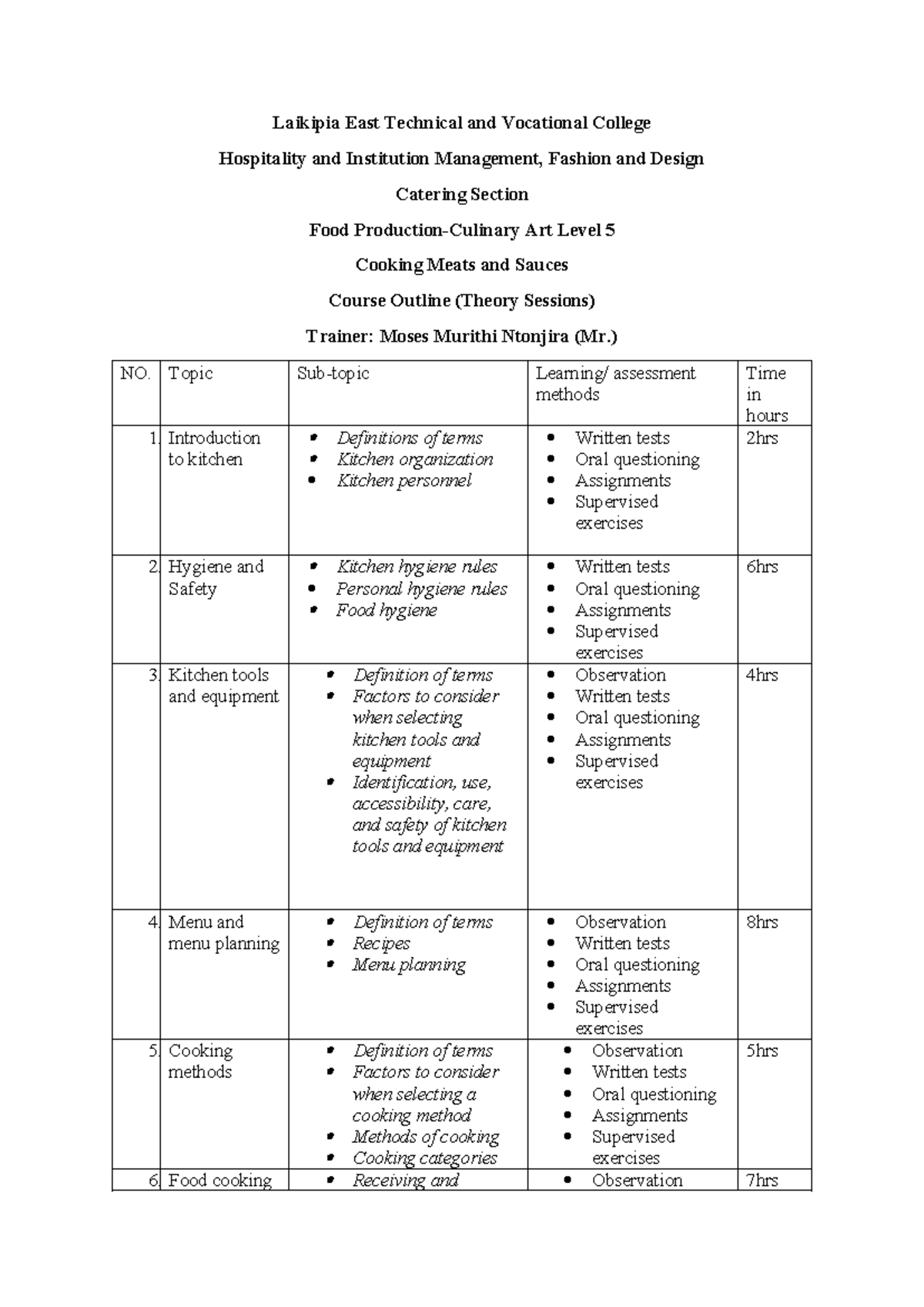 COOK Meats AND Sauces - THIS COURSE OUTLINE WILL GUIDE TRAINER OF THE ...