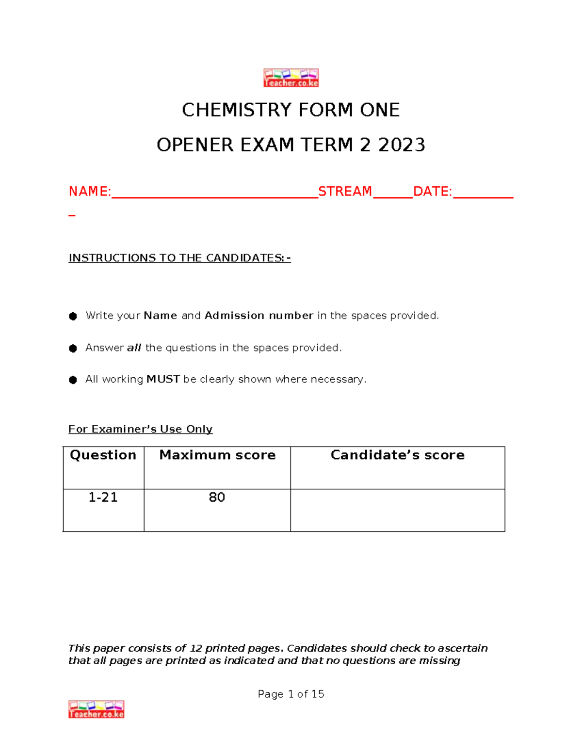 CHEMISTRY FORM ONE OPENER EXAM TERM 2 2023 - QUESTION SET - Studocu