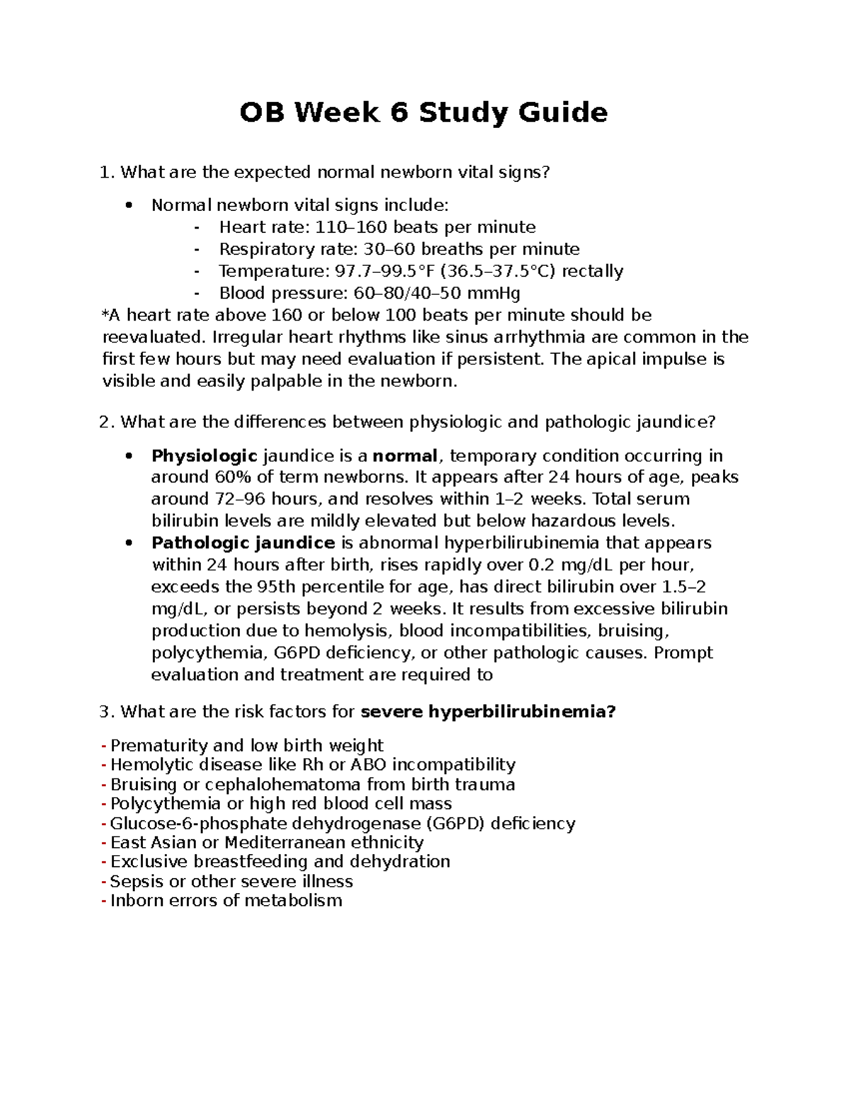 OB Week 6 Study Guide: Newborn Care & Vital Signs - Studocu