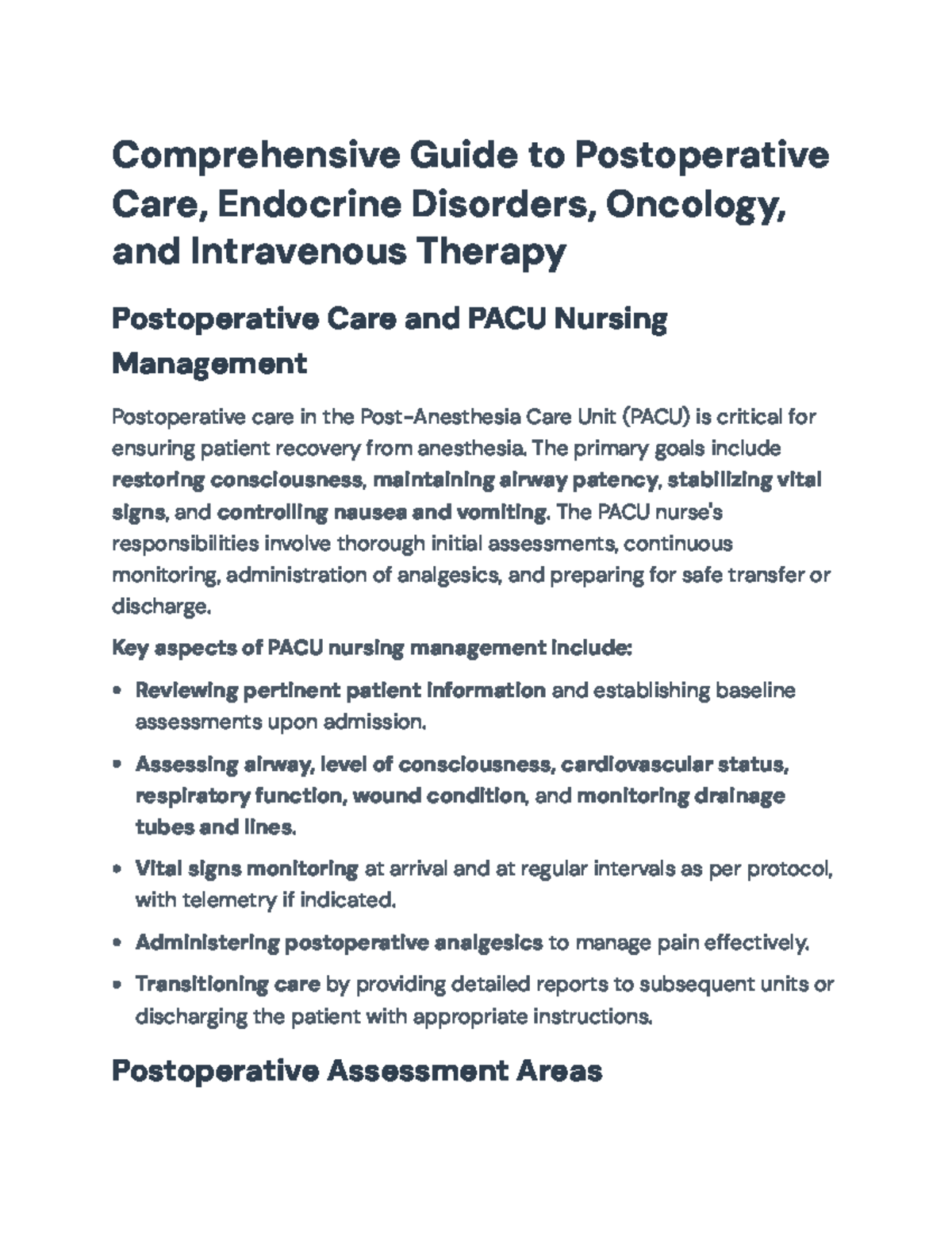 Comprehensive PACU Nursing, Endocrine Disorders, and IV Therapy Guide ...