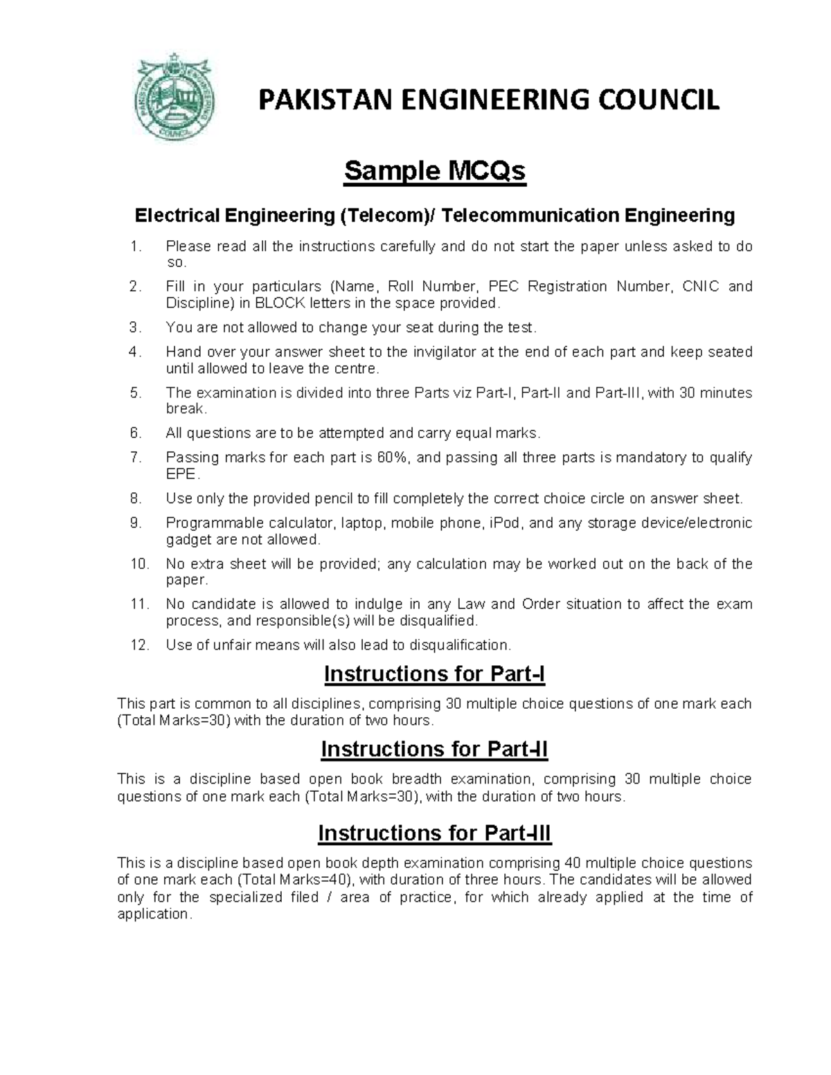 Sample MCQs of Telecommunication Engineering - PAKISTAN ENGINEERING ...