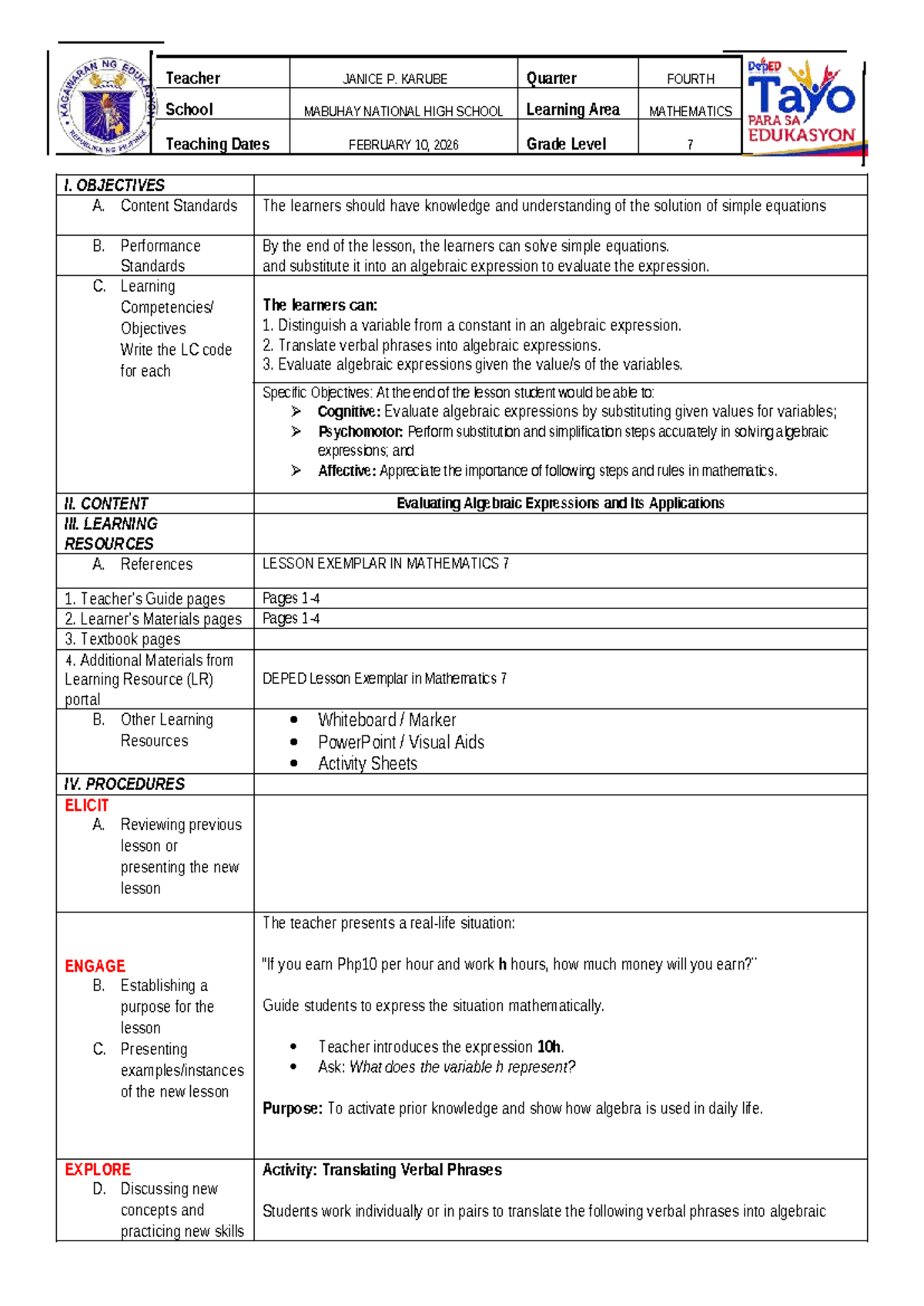 DLP Math 7: Evaluating Algebraic Expressions - 4th Quarter Lesson - Studocu