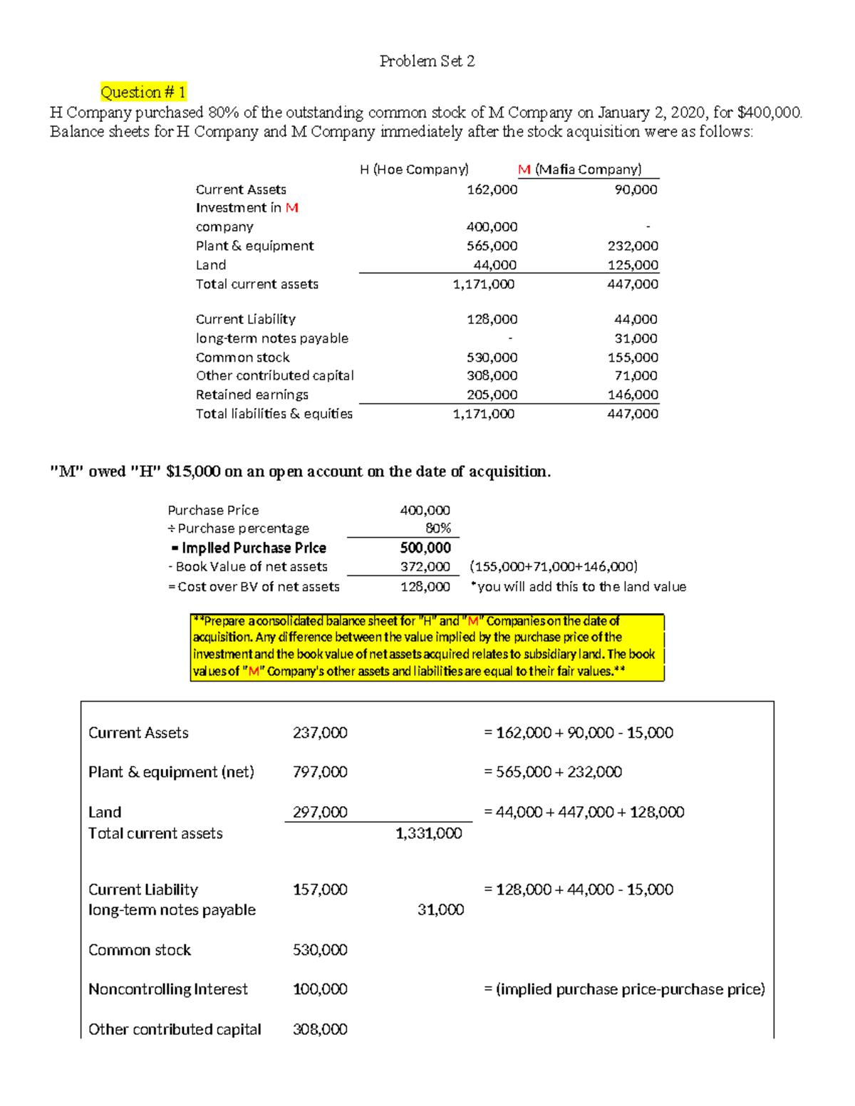 Problem Set for Ch. 3: Consolidated Balance Sheet Analysis - Studocu