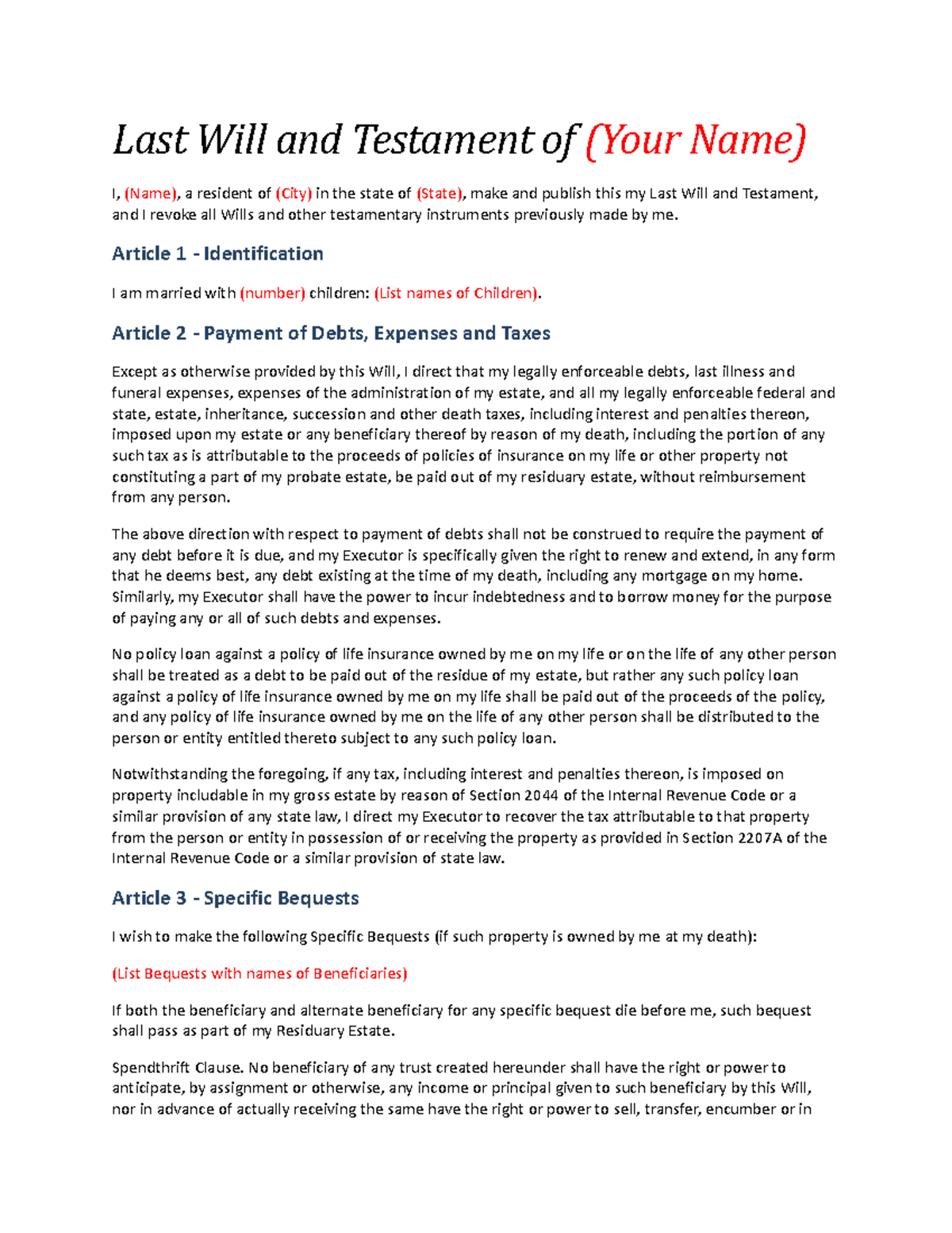 B2 Last Will and Testament Sample - mos Document - Studocu