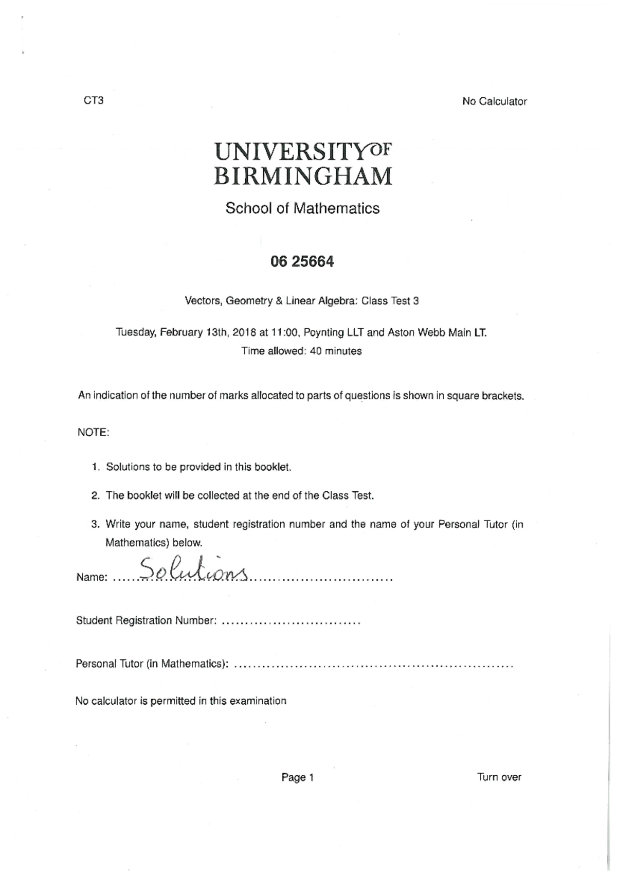 Class test 1 solutions and mark scheme - 06 25664 - Studocu